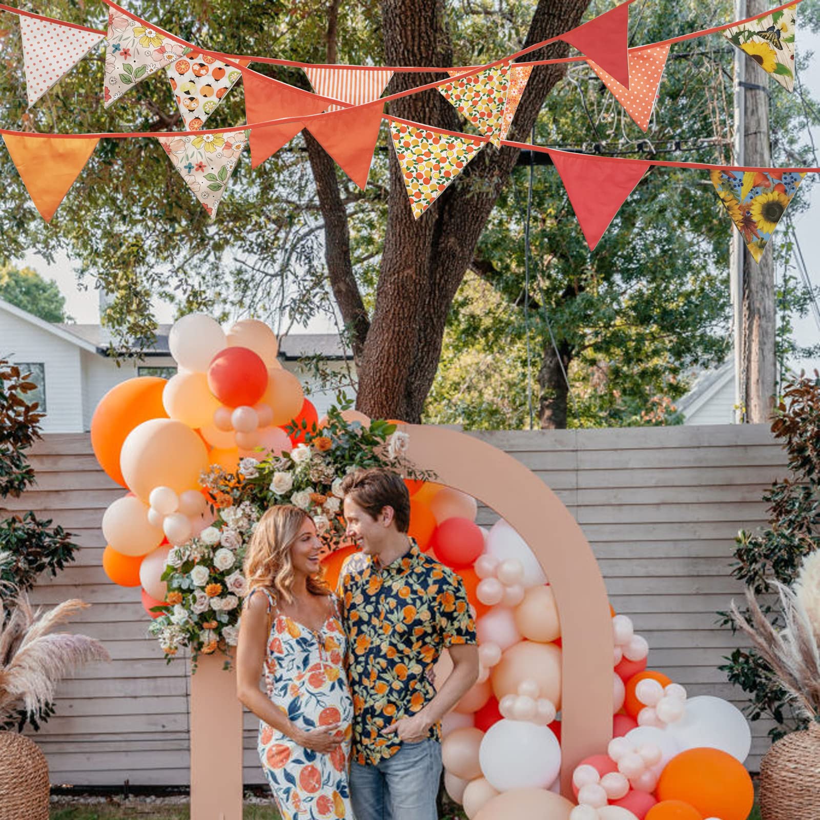 Zwiebeco Banderines de tela naranja de 32 pies, banderas triangulares, decoraciones de fiesta, guirnalda floral de algodón, banderín para otoño, Acción de Gracias, cosecha, cumpleaños, boda, aula