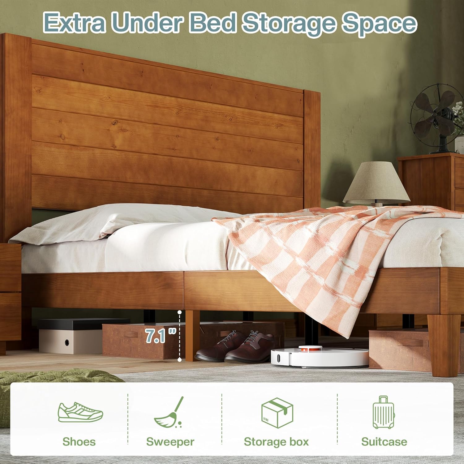 Jocisland Farmhouse Solid Wood Queen Size Bed Frame with 48'' High Headboard, Rustic Platform Bed with Under-Bed Storage, No Box Spring Needed, Heavy Duty Support for Bedroom, Light Brown