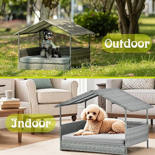 Miniatura 6 de Casa de mimbre para perros al aire libre e interior con toldo, refugio elevado para perros y cama para perros con cojín gris claro, casa elevada