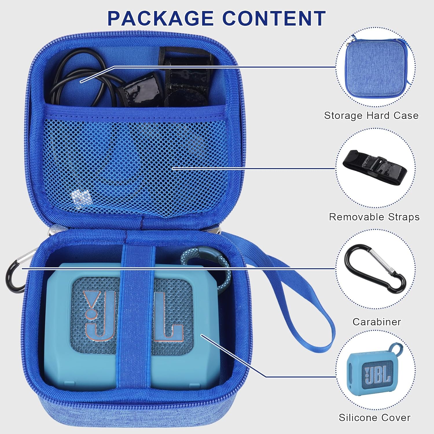 YouKnow Silicone Cover and Travel Case for JBL Go 4 Ultra Portable Bluetooth Speaker, with Removable Strap Attach to Bike Golf Cart Boat (Silicone Cover and Travel Case) (Blue) - Image 2