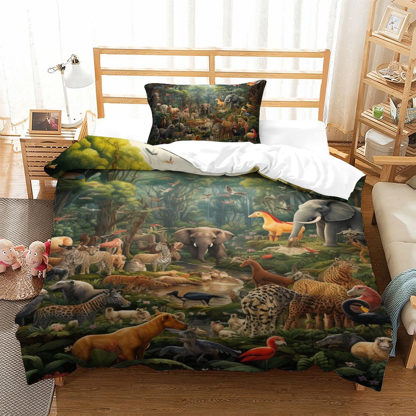 Parure de lit 2 pièces animaux de la jungle anti-plis et facile à laver en microfibre 135x200