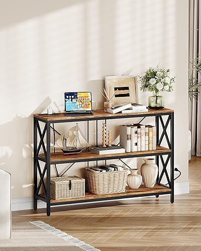 Miniatura 8 de Mesa consola de 47.2 pulgadas con estación de carga, mesa de entrada de 3 niveles, escritorio de sofá industrial, escritorio de pasillo con 2