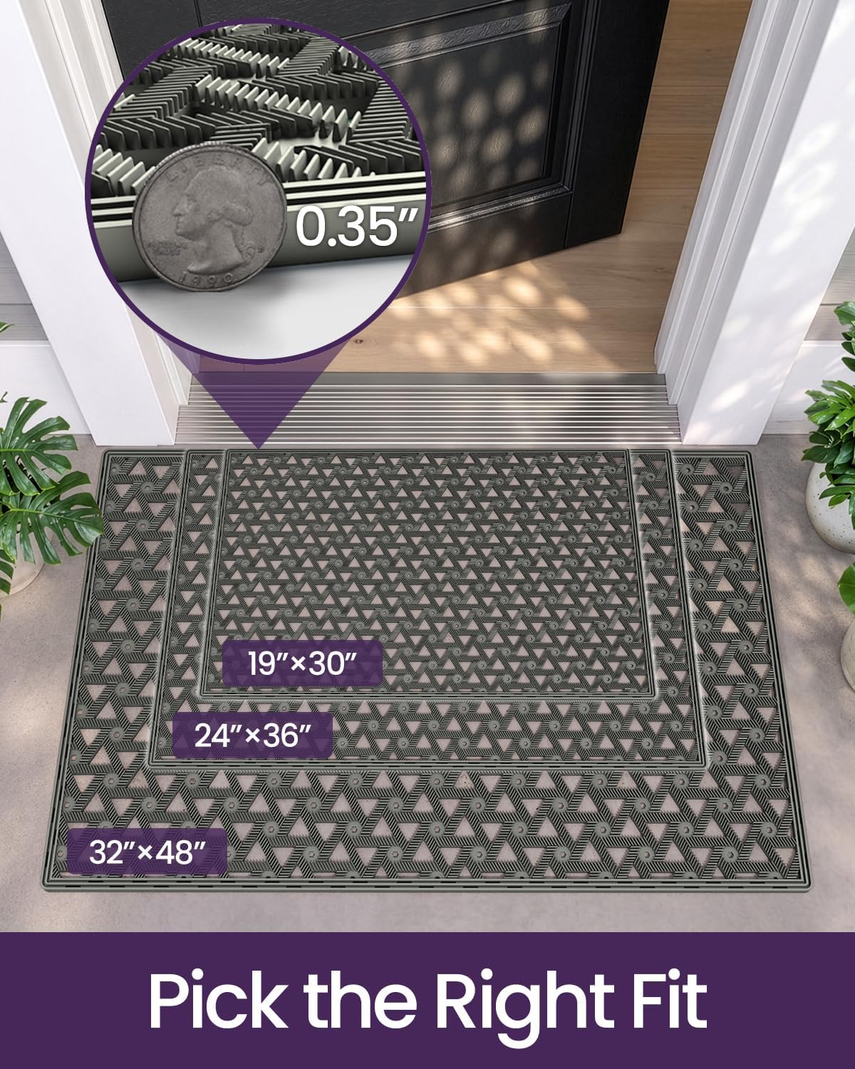  Front Door Mat Outside Entrance Rubber Floor Doormat, 19x30 Grey thumbnail