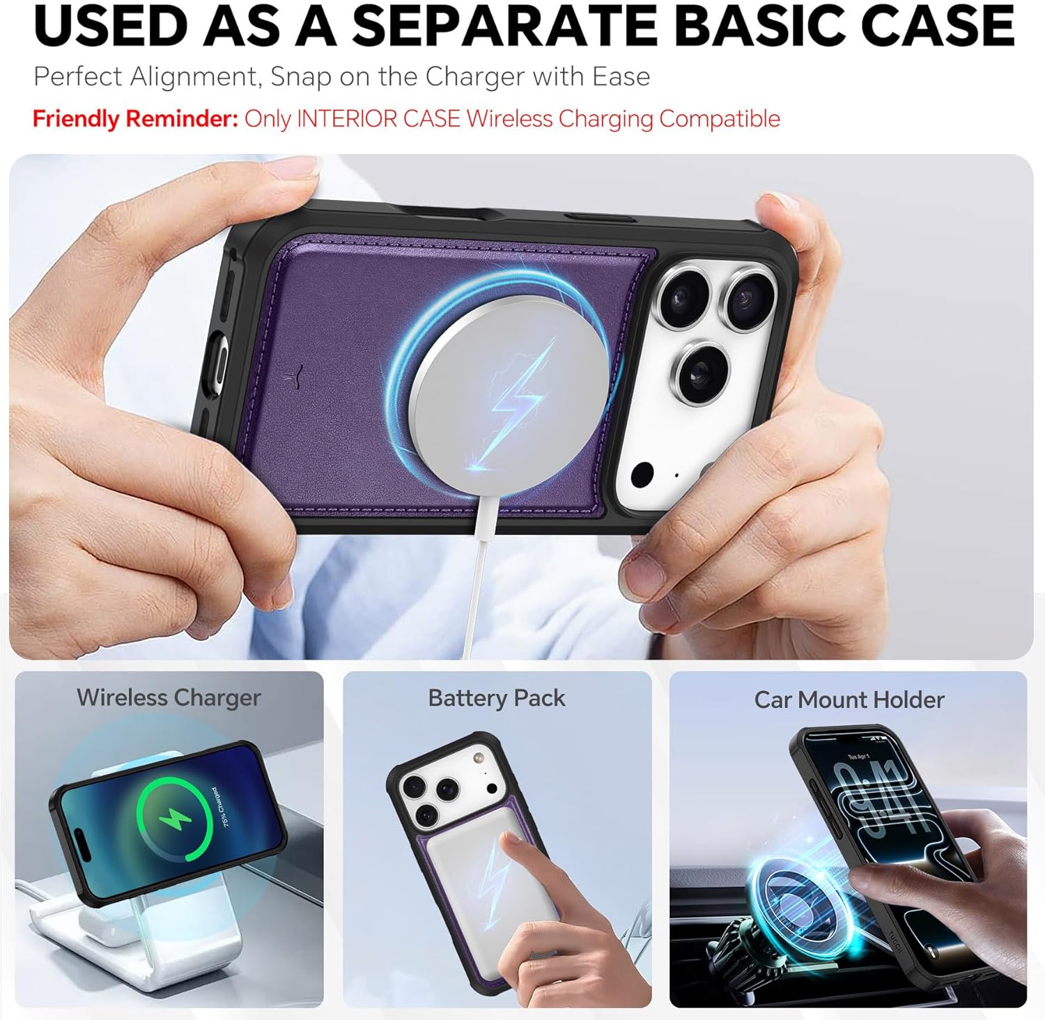 TUCCH 2-in-1 Removable Wallet Case for iPhone 17 Pro (6.3-inch) 2025, Wireless Charging | RFID Blocking 4 Card Holders | Wrist Strap | Kickstand | Magnetic | PU Leather Protective Cover | Deep Purple