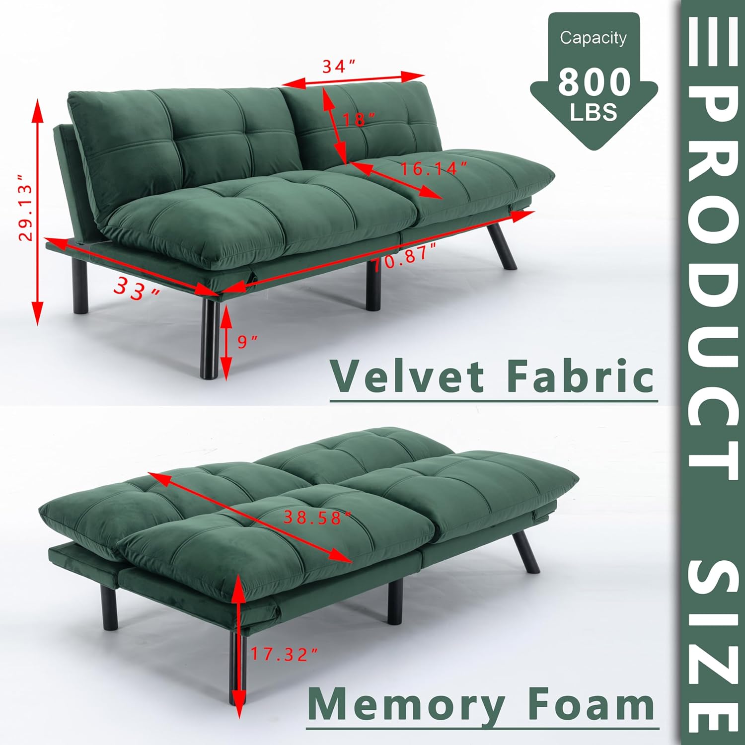 71" Velvet Futon Couch Bed with Mattress Included,Convertible Folding Sleeper Sofa Bed with Adjustable Backrests,Modern Loveseat Sleeper for Living Room Bedroom Small Space Home Office (Green)