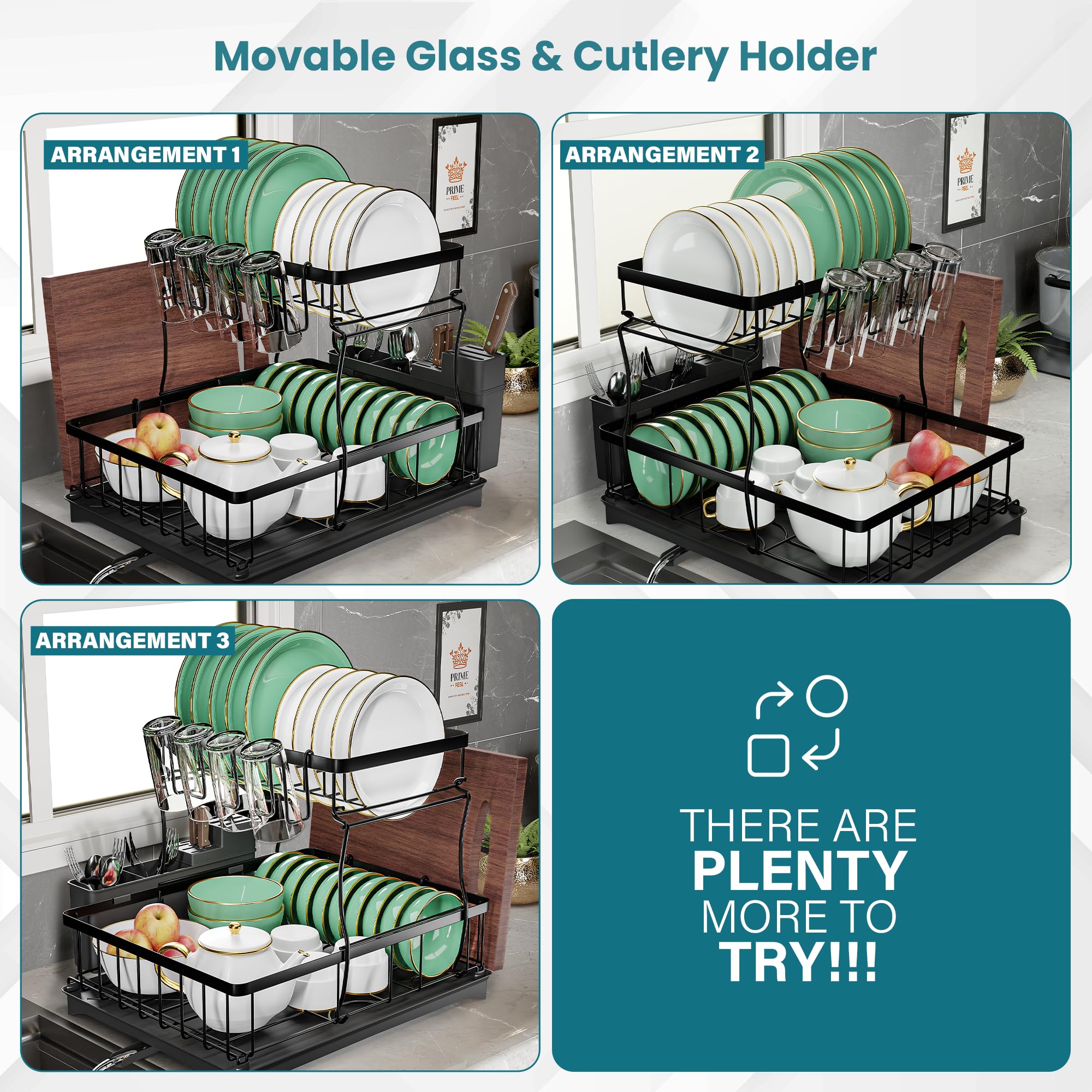 PRIME FEEL Escurreplatos de 2 niveles, escurridor de platos inoxidable para encimera de cocina, estante para tabla de drenaje con bandeja de goteo, escurridor de cubiertos, soporte de vidrio y estante