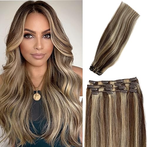 Licoville Hair Extensions Clip ins Human Hair, 12 Inch Clip in Hair Extensions Medium Brown with Blonde Highlight Real Human Hair Extensions Clip in for Women 70grams 7pcs