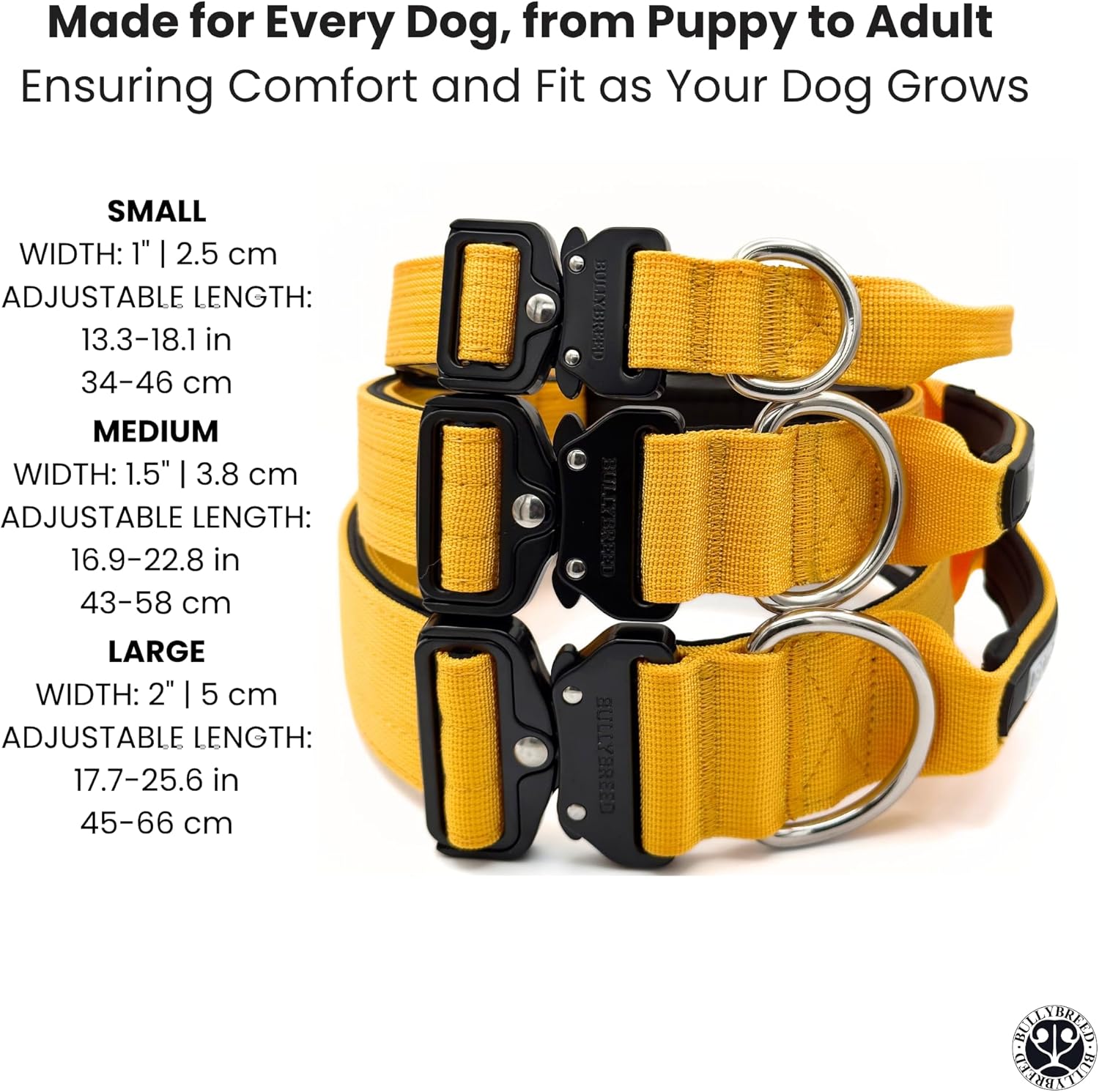 Heavy Duty Dog Collar, Tactical Dog Collar, Dog Collars for Medium Dogs, Waterproof Dog Collar, Dog Training Collar, Quick-Release Metal Buckle, Adjustable Sizes – BULLYBREED (Yellow, Medium)