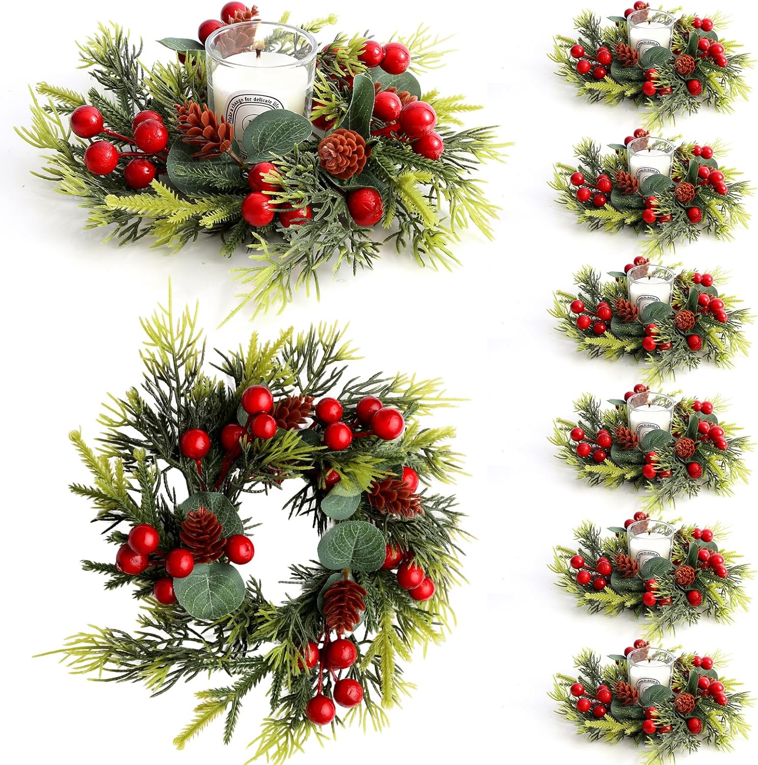 8PCS Christmas Candle Holder Rings Artificial Small Wreath Table Centerpieces Xmas Napkin Rings for Dinner Table Top Decor Christmas Decoration