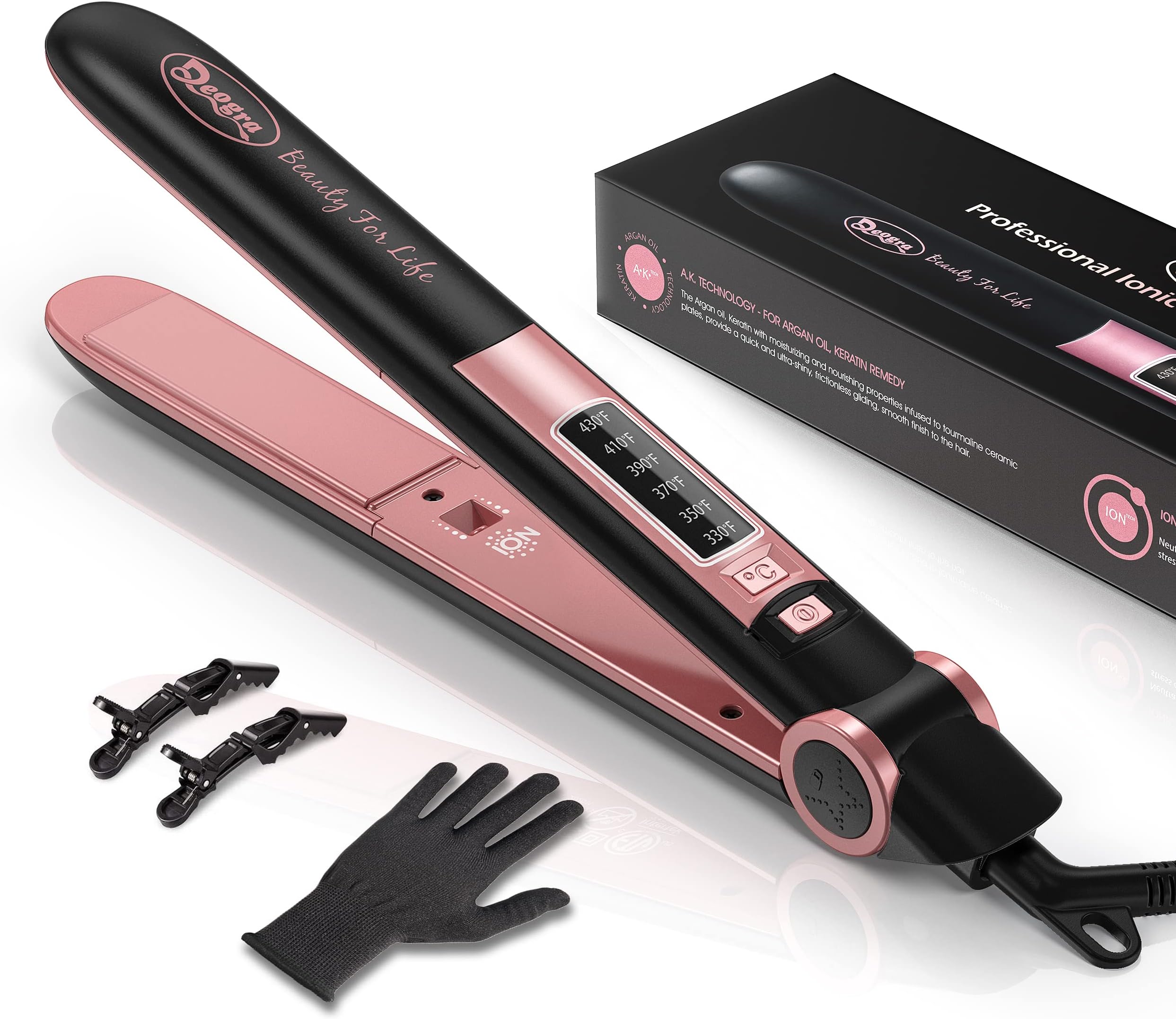Flat Iron for African American Hair, Silk Press, Ceramic Tourmaline Ionic Straightener with Keratin & Argan Oil Infused Plates, 1 inch 430℉ Curling Flat Iron