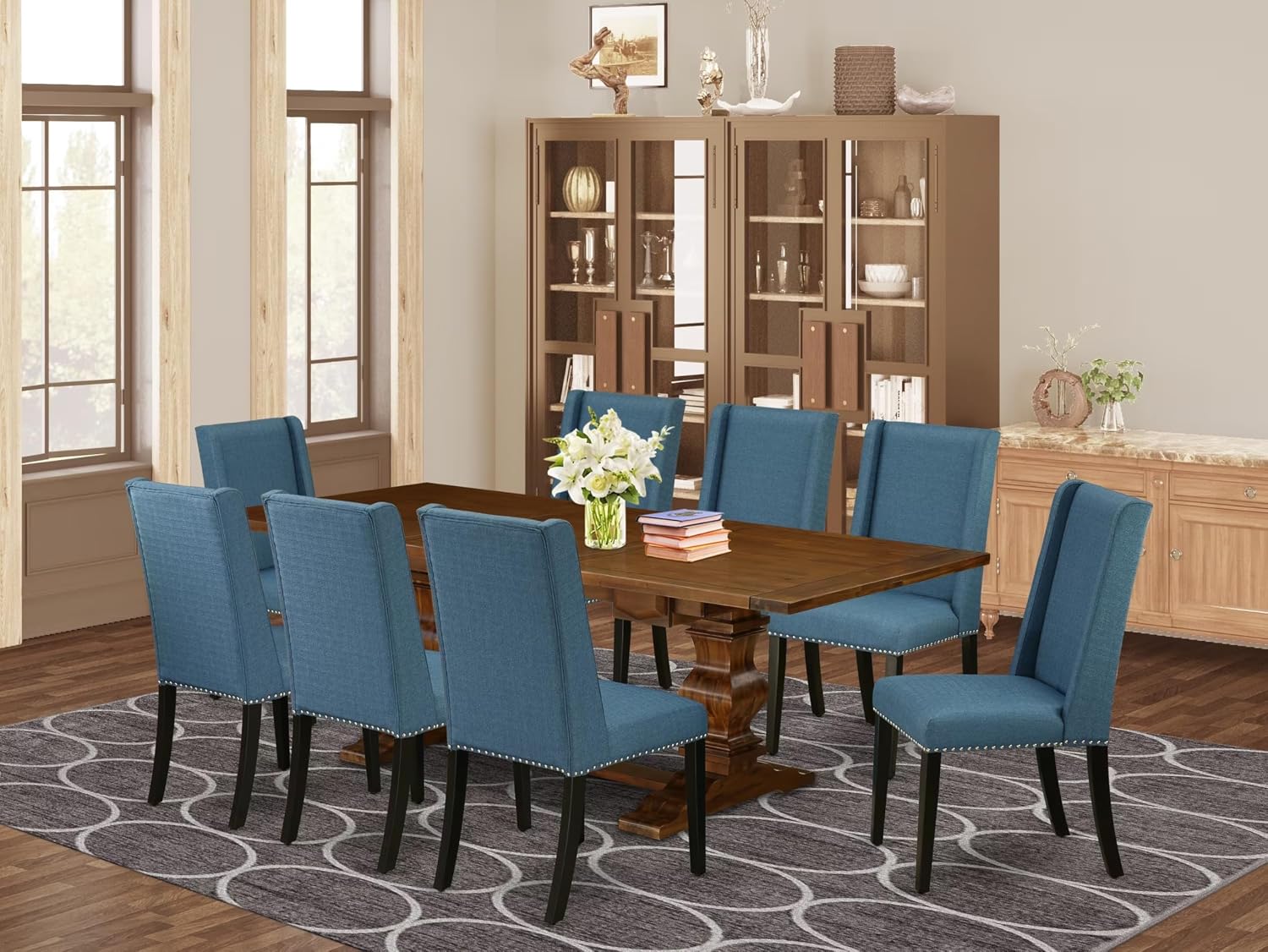 East West Furniture ALAFL9-81-21 9 Piece Modern Dining Table Set Includes a Rectangle Wooden Table with Removable Leaf and 8 Blue Linen Fabric Parson Dining Chairs, 42x92 Inch, Walnut