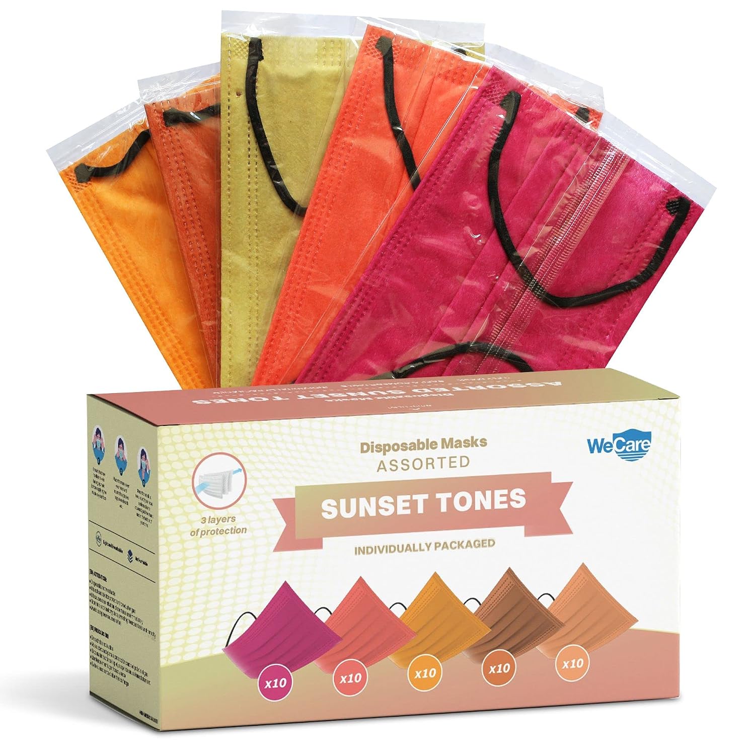 WECARE 50 Box, Individually-Wrapped Masks - Assorted Sunset Tones