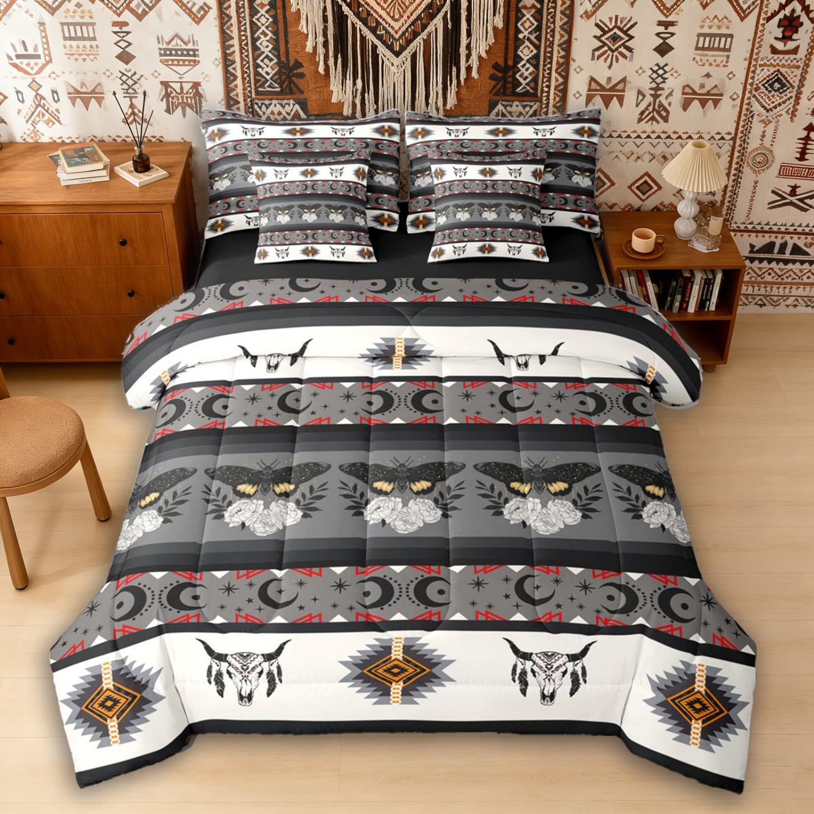 Erosebridal Longhorn Cow Skull Comforter Set 7 Piece Bed in a Bag Twin | Southwestern Decor Boho Moth Bedding Sets Geometric Aztec Western Comforter and Sheet Set, Sun and Moon Bohemian Bed Sets,Grey