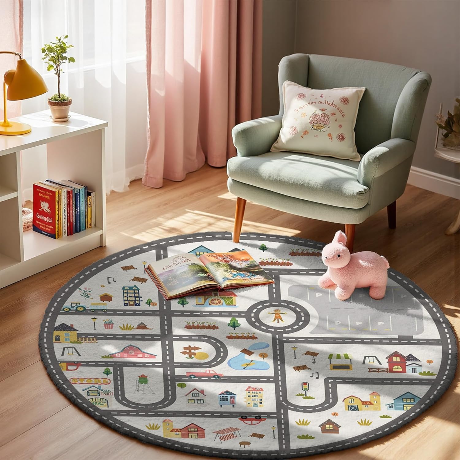 3.3ft Round Kids Town Road Car Play Rug - Non-Slip Faux Wool Carpet with Interactive City Map Design, Educational Toy Vehicle Mat for Kids, Bedroom Playroom Nursery Gift.
