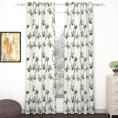 MollisHomes Door Curtains 7 feet Long Set of 2 | Floral Design | Polyester, Light Filtering Curtains and Drapes | Curtains for Living Room | (118 x 215 cm, Grayish Green) | Perfect for Home Decor
