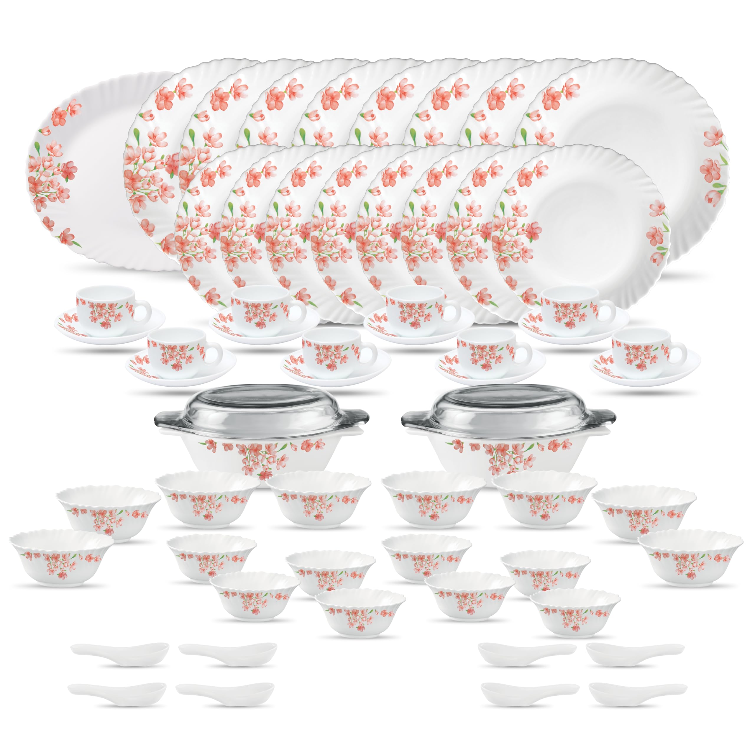 La OpalaDiva Classique Collection Opal Glass Crockery | for Family of 8 | Dinner Set 61 pcs Aster Pink | Plates & Bowls for Dining | Microwave Safe | 100% Vegetarian | Extra Strong | White