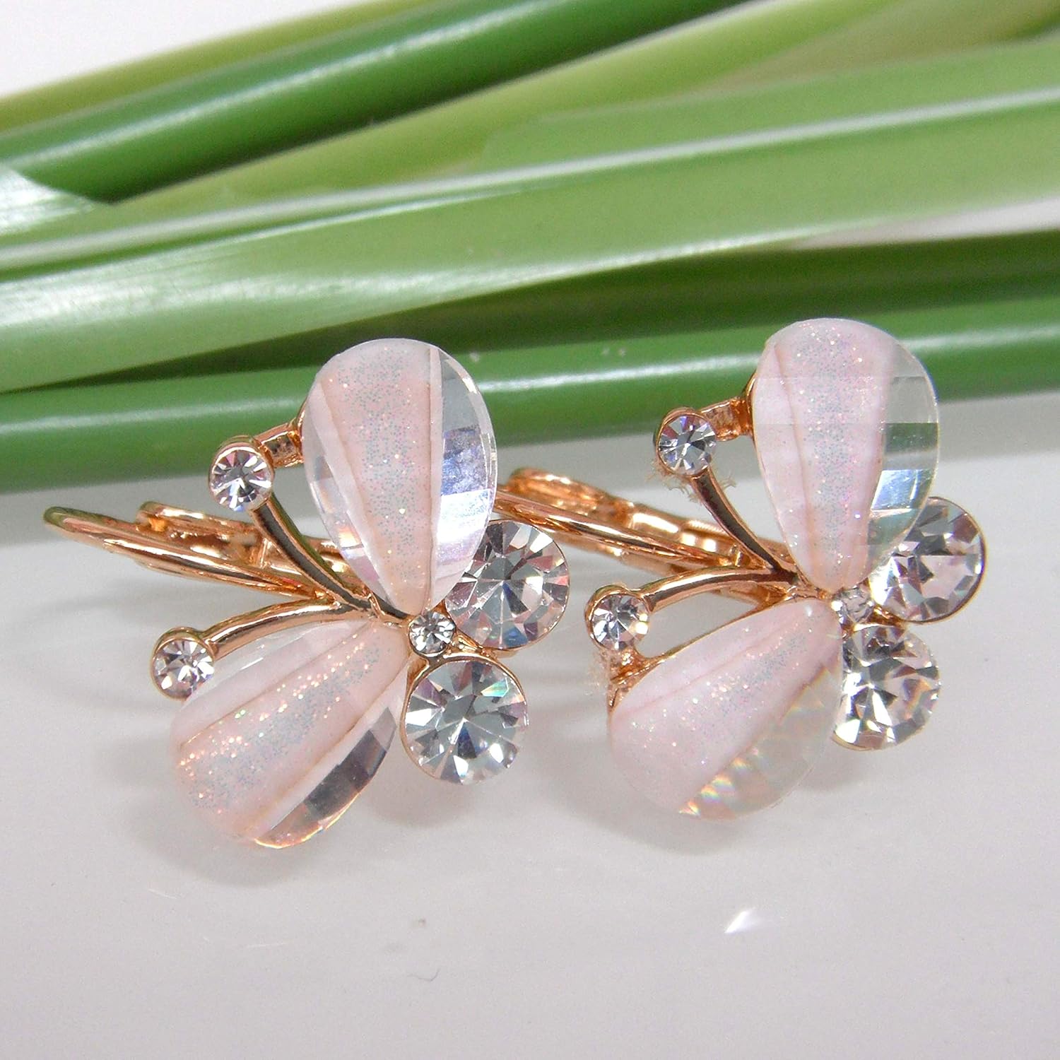 Navachi 18k Gold Plated White Crystal Acetate Flying Butterfly Leverback Earrings - Image 4