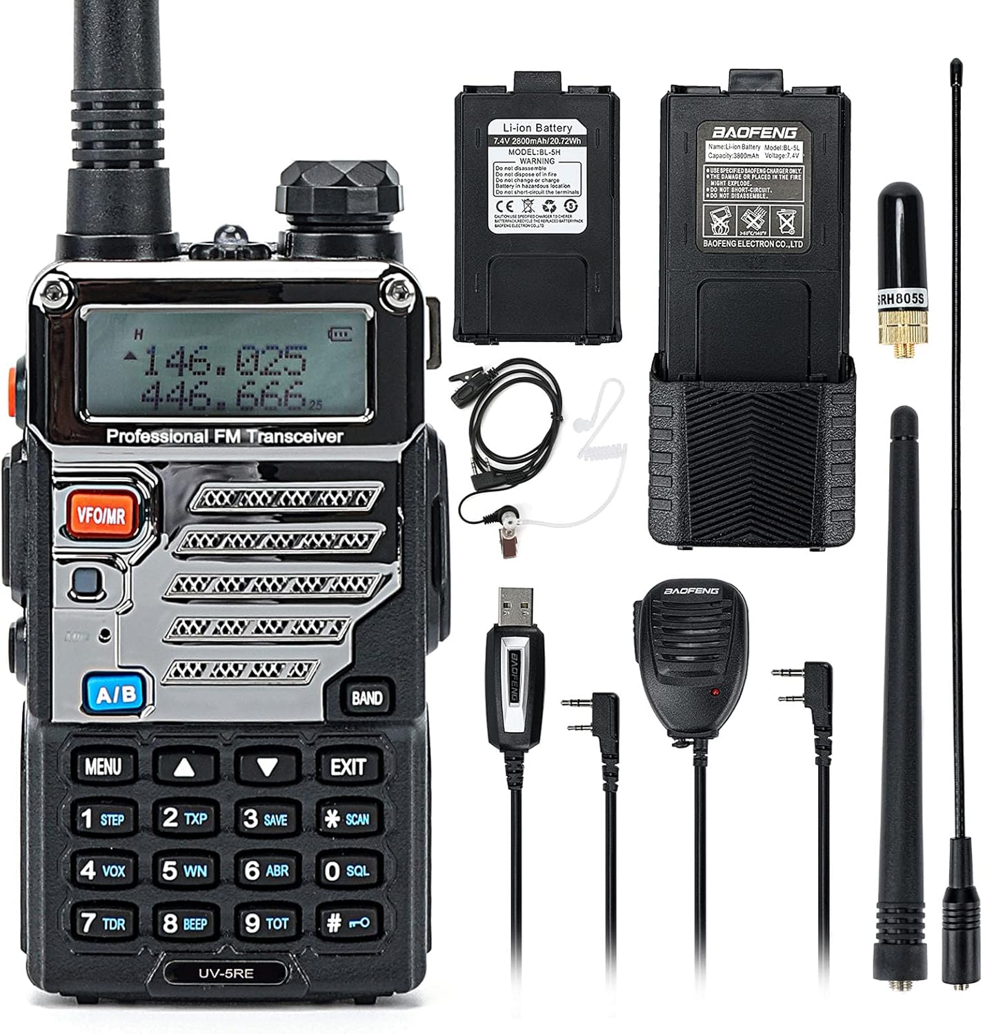 Ham Radio UV-5RE 8W Dual Band 144-148/420-450MHz Two Way Radio with 3800mAh Battery, Hand Mic, Acoustic Tube Earphone, USB Programming Cable, NA-771 Antenna, SRH805S Antenna Radio : Electronics