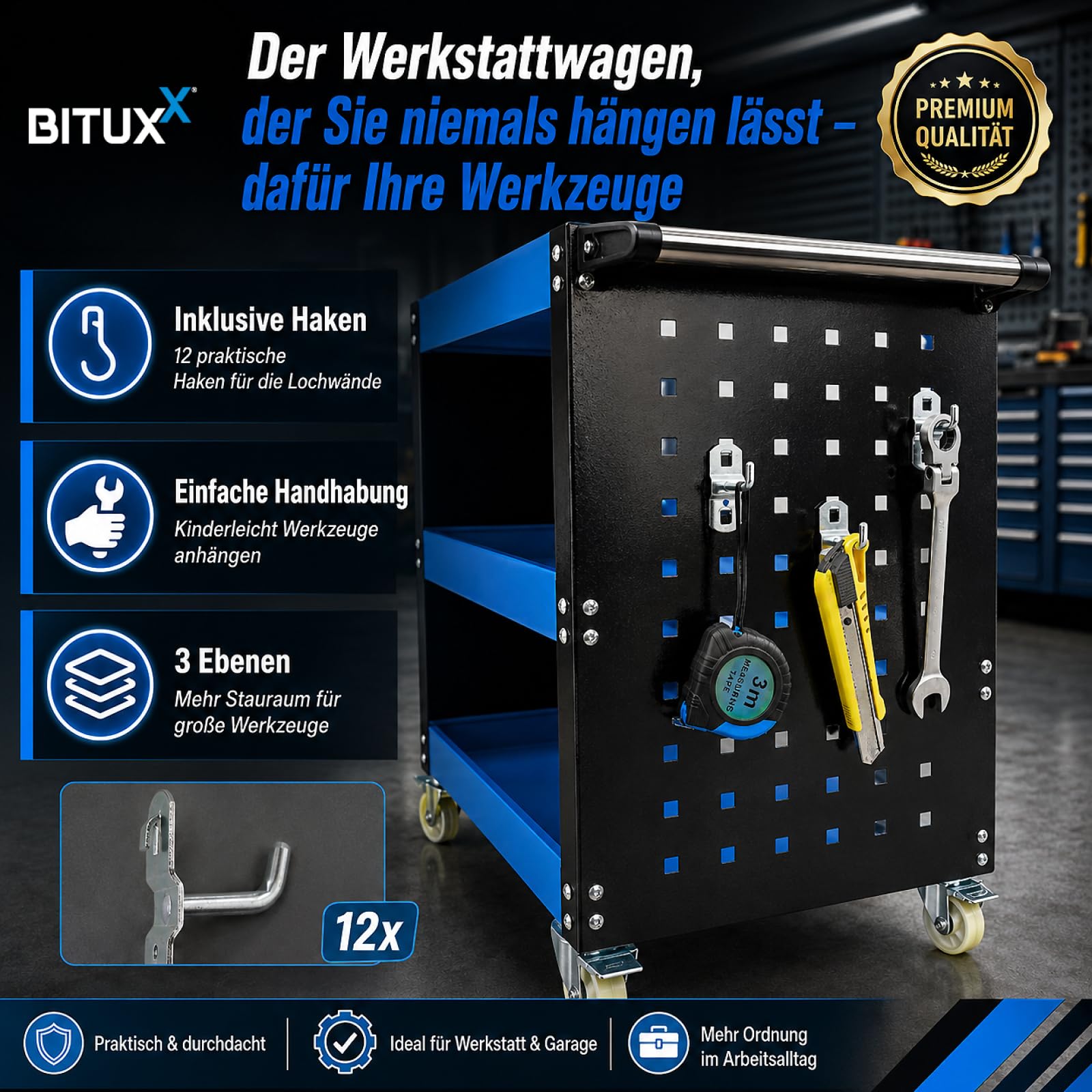 BITUXX Werkstattwagen mit 3 Ablagen, robuster Werkzeugwagen mit Rollen, Werkzeugablage für Garage & Werkstatt, mobiler Metallwagen, Stabiler Werkzeugkarren mit Griff und Lochwand mit 12 Haken