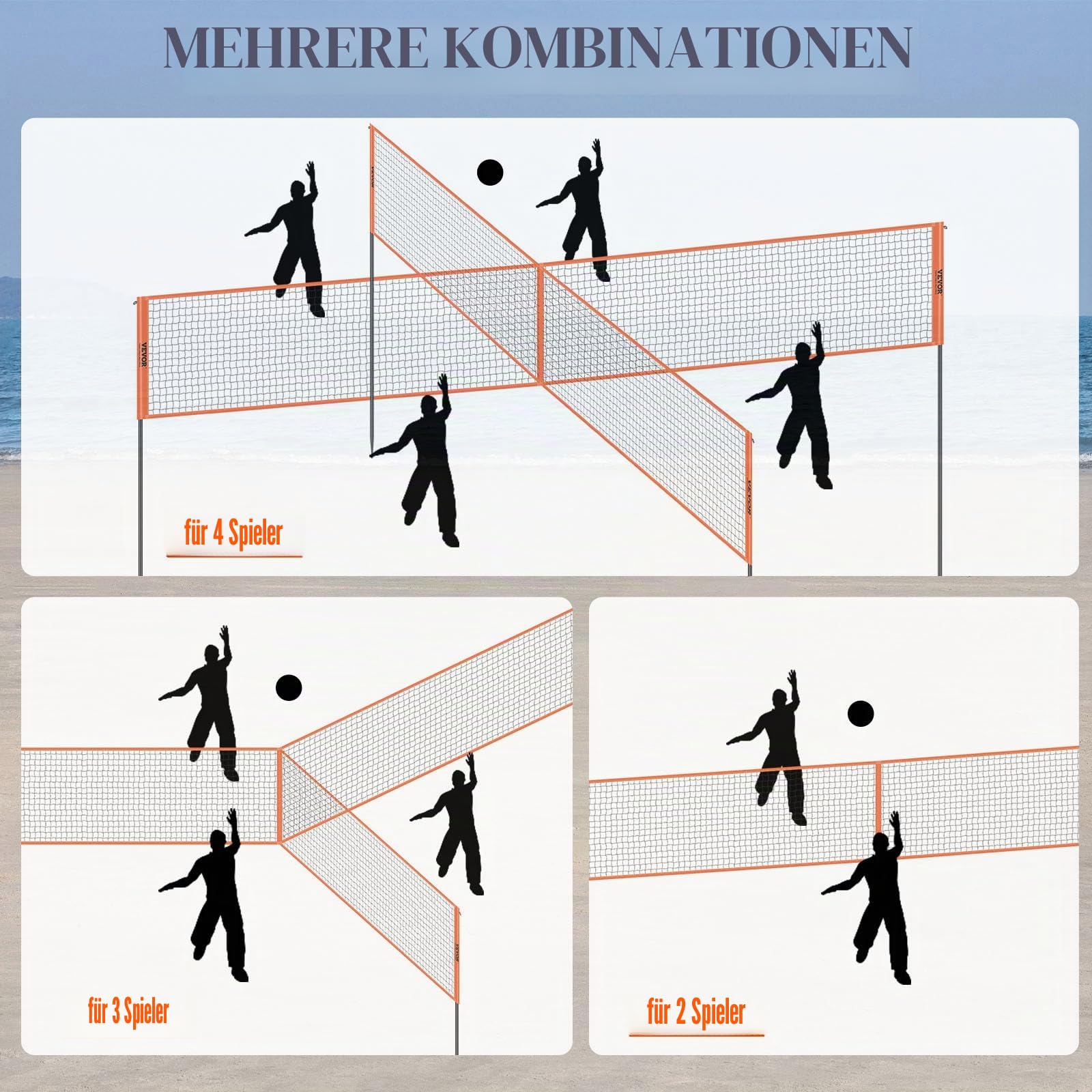 VEVOR Volleyballnetz Höhenverstellbar 4,3 x 2,2 m Tragbarer Beachvolleyball-Netz Orange mit Volleyball & Tragetasche