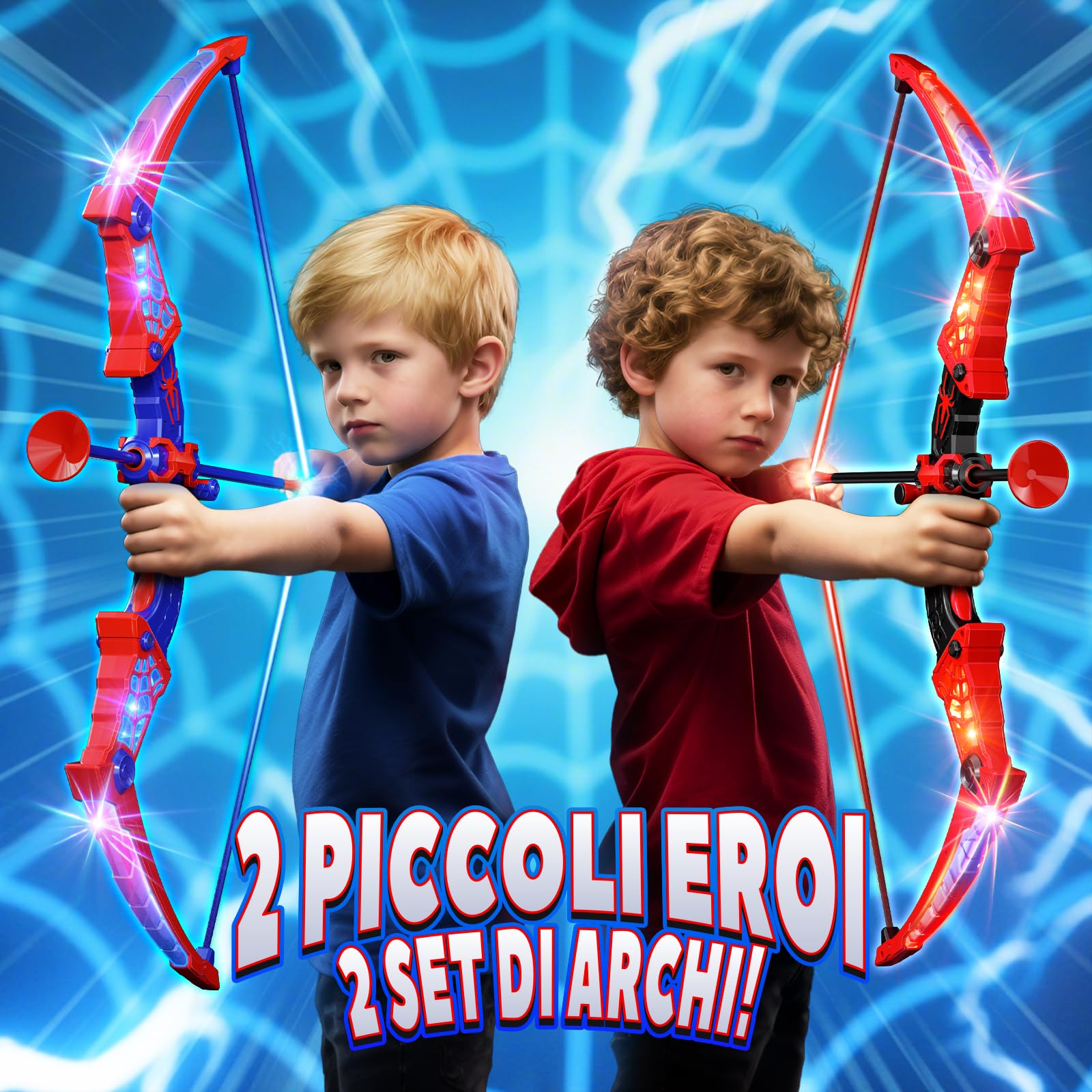 Giocattoli per 3-12 Anni Bambino, 2 Arco e Freccia Ragno con Luci LED Rosse e Blu, Bersaglio a Forma, 2 Ragno Faretre, Gioco Bambino 3-9, Giochi Bambini Regalo Bambino 3 4 5 6 7 8 9 10 Anni Maschio