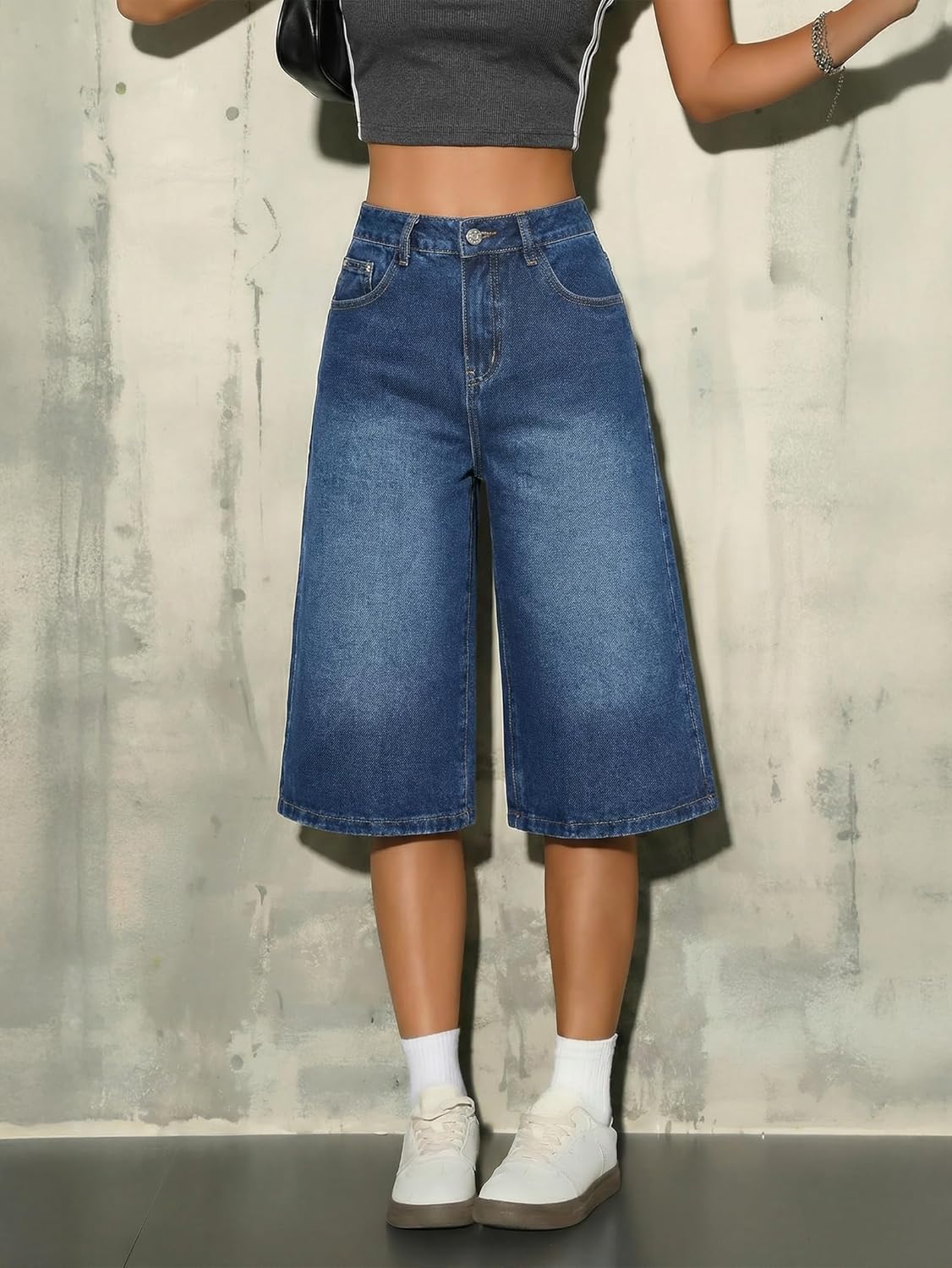 EMMIOL Womens Long Jorts Baggy Y2K Mid High Waisted Retro Jean Shorts Trendy Streetwear Wide Leg Denim Bermudas - Image 2