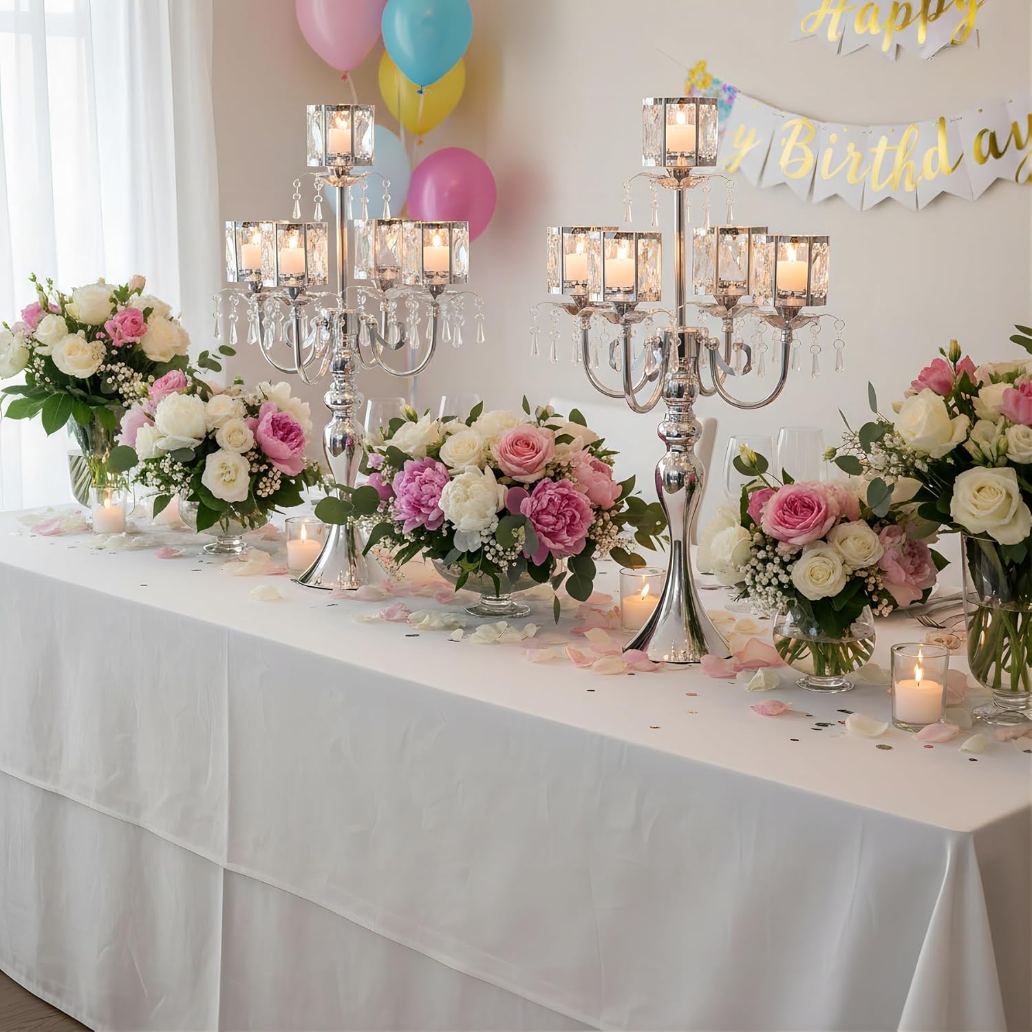 トールフロアキャンドルホルダー - ウェディングセンターピースデコレーション用ゴールド燭台2個、メタル5アームキャンドルスティック、