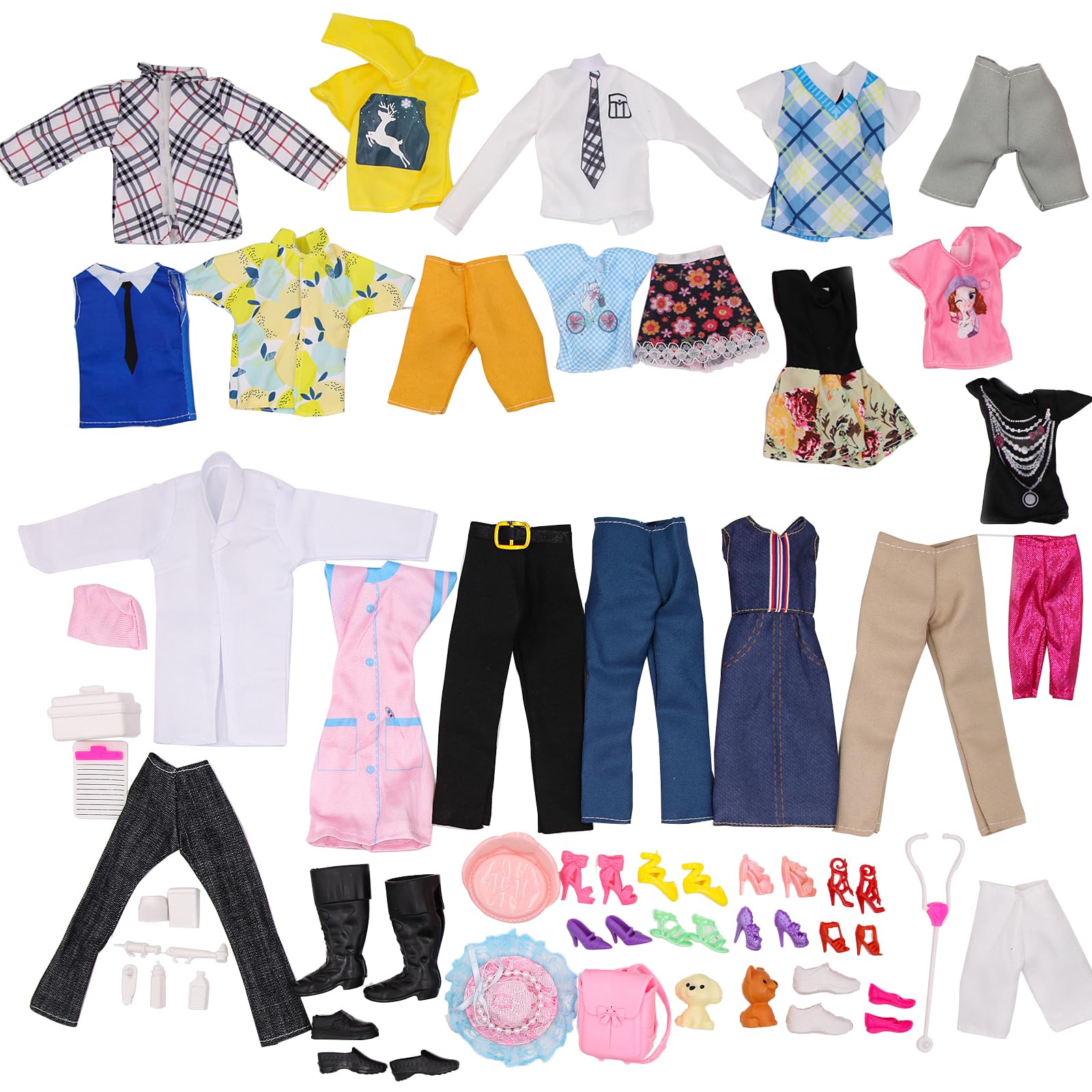85Pcs Doll Clothes & Accessories for 12/11.5 Inch Boy/Girl Dolls - Includes 25 Wear Clothes, Shoes, Pet Doctor Uniforms, Dog/Cat Trolley, Backpack & More
