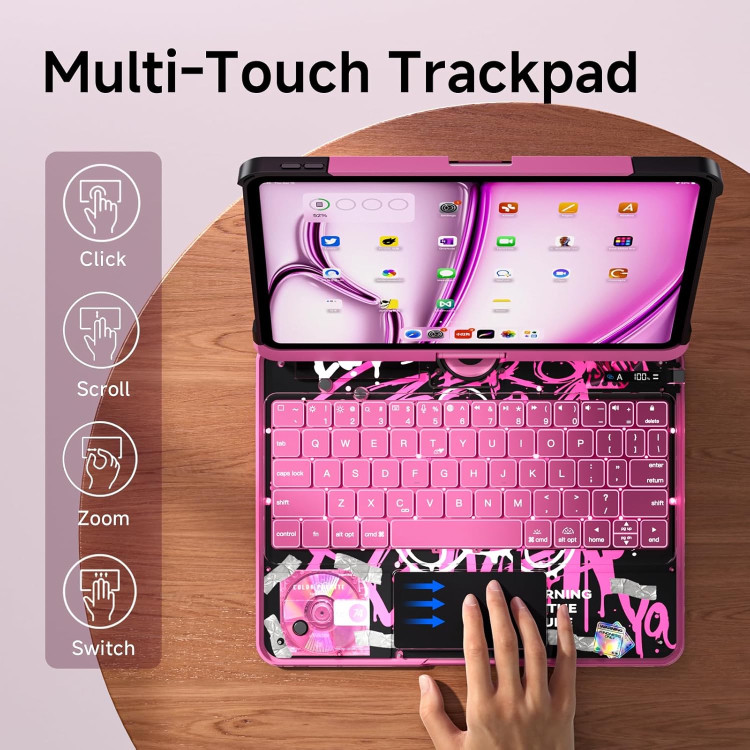 Cyberpunk Clear Keyboard Case for iPad (A16) 11th 10th Generation (11" 2025 & 10.9" 2022), 360° Rotatable, Multi-Touch Trackpad, 7-Color Backlit, Pencil Holder, Battery Level Display, Pink