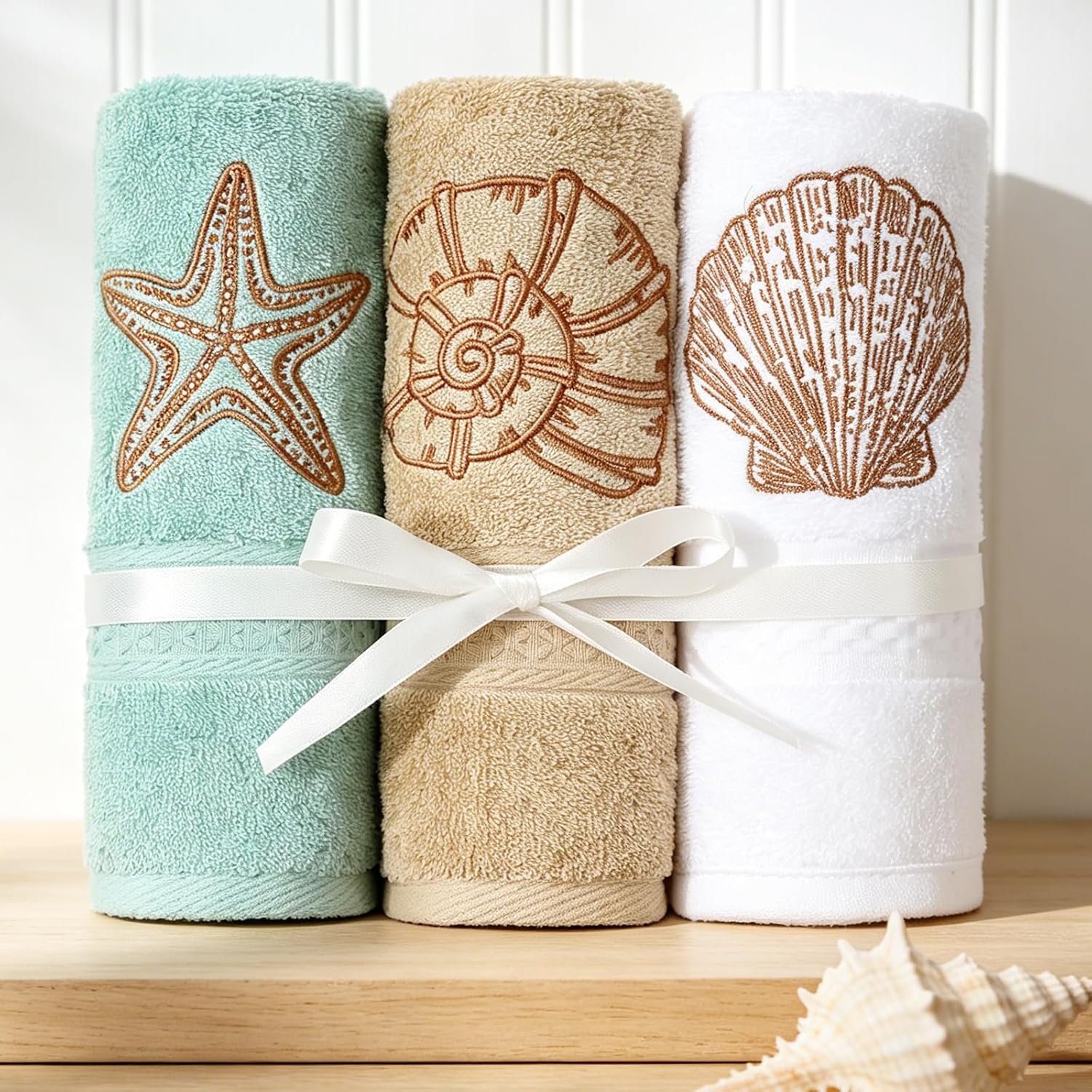 JarThenaAMCS 3Pcs Coastal Hand Towels Cotton Embroidered Bathroom Towel Ocean Beach Starfish Seashell Conch Decorative Dish Towel for Summer Holiday Home Bathroom Kitchen Decor