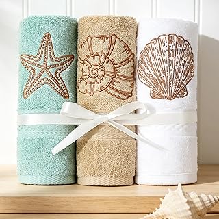 JarThenaAMCS 3Pcs Coastal Hand Towels Cotton Embroidered Bathroom Towel Ocean Beach Starfish Seashell Conch Decorative Dish Towel for Summer Holiday Home Bathroom Kitchen Decor