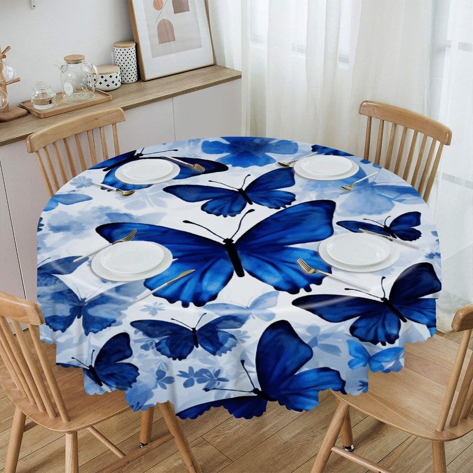 VstaDank 60 Inch Round Blue Butterflies Tablecloth Polyester Waterproof Wrinkle Free Table Cloth Spillproof Washable Table Cover Colorful Tablecover Decor for Home Kitchen Dining Party