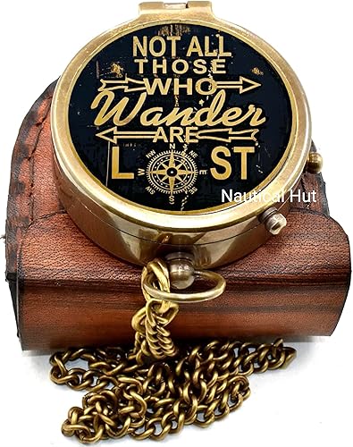 Miniatura 7 de Not All Those Who Wander are Lost" Brújula de latón grabada con funda de cuero y cadena de alta calidad, brújula de bolsillo de latón, brújula
