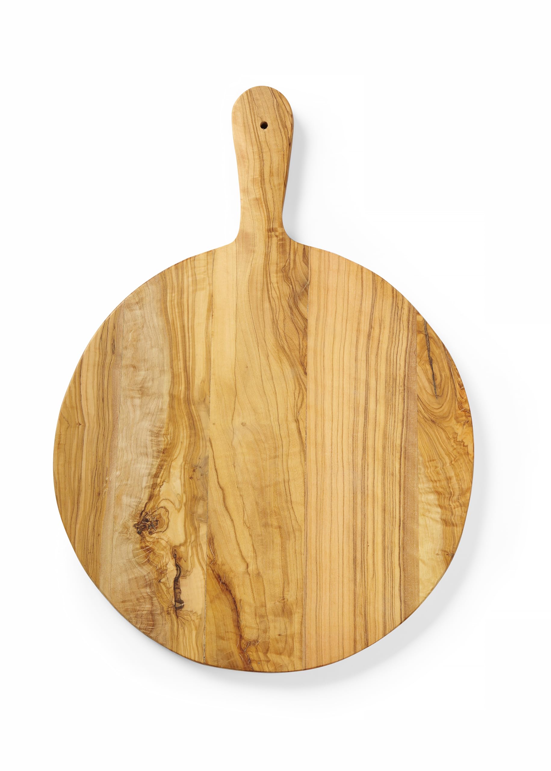 HENDI Tabla de Servir, de Madera de Olivo, con Mango y Orificio para Colgar, Tabla de Quesos, Tabla de Cortar, Tabla de Desayunos, Tabla de Cocina, Tabla de Tapas, Redondo, aprox. ø320x(H)19mm