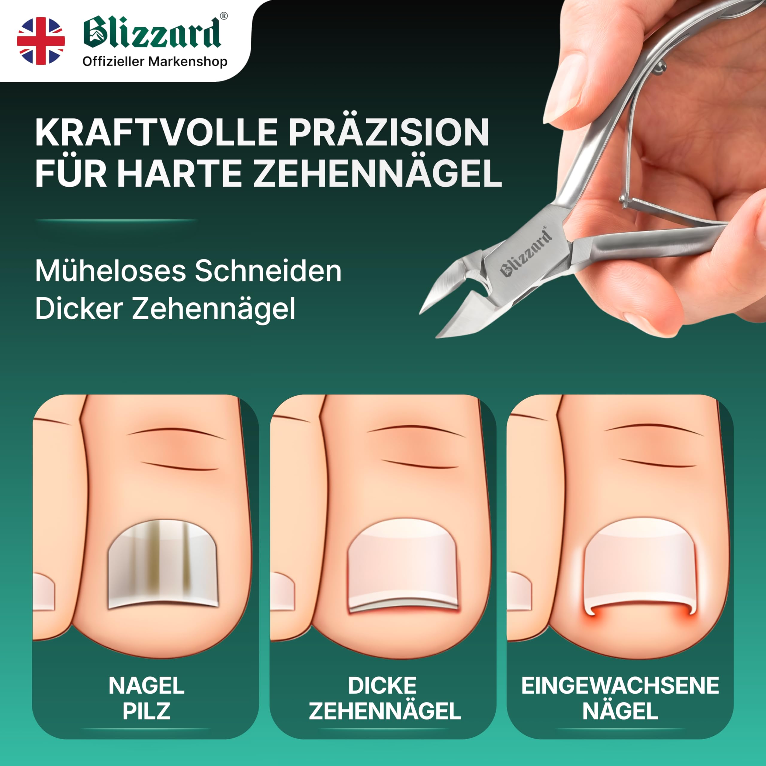 Blizzard Nagelzange für Fußnägel – Nagelzange mit Kopfschneider für dicke & eingewachsene Zehennägel – Profi Pediküre Fußpflege Werkzeug aus Edelstahl inkl. Metall Nagelfeile – 13,5 cm