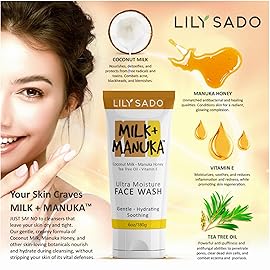 LILY SADO MILK+MANUKA Coconut Milk & Manuka Honey Cream Face Cleanser - Natural Ultra Moisturizing Facial Wash Cleanses, Balances, Soothes & Hydrates - Large 6oz