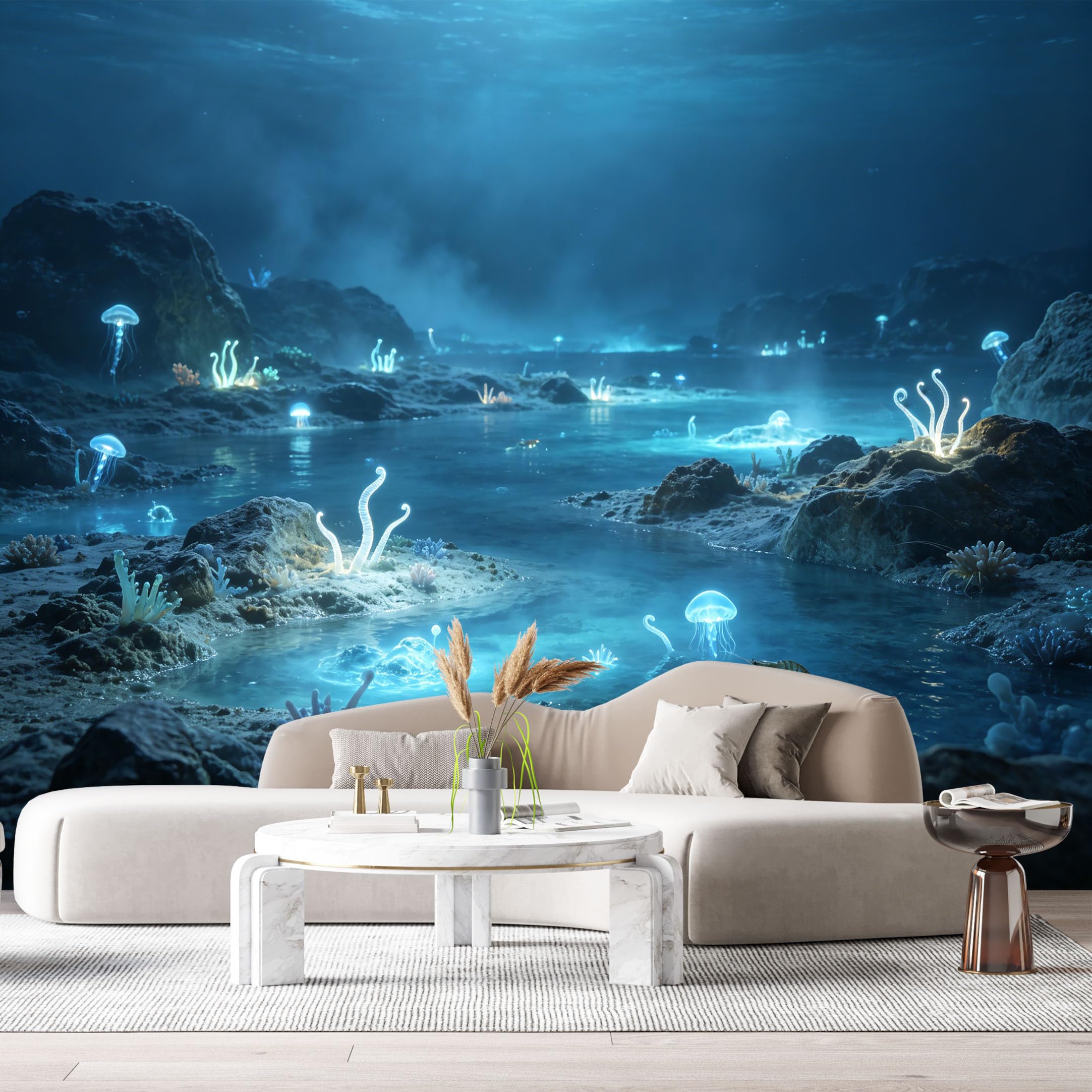 Custom Size Wall Murals Ocean Marine Bioluminescent Jellyfish Deep Sea Underwater 3D SelfAdhesiveWall Fabric Removable Wallpaper Wall Decor for Living Room Bedroom Bathroom