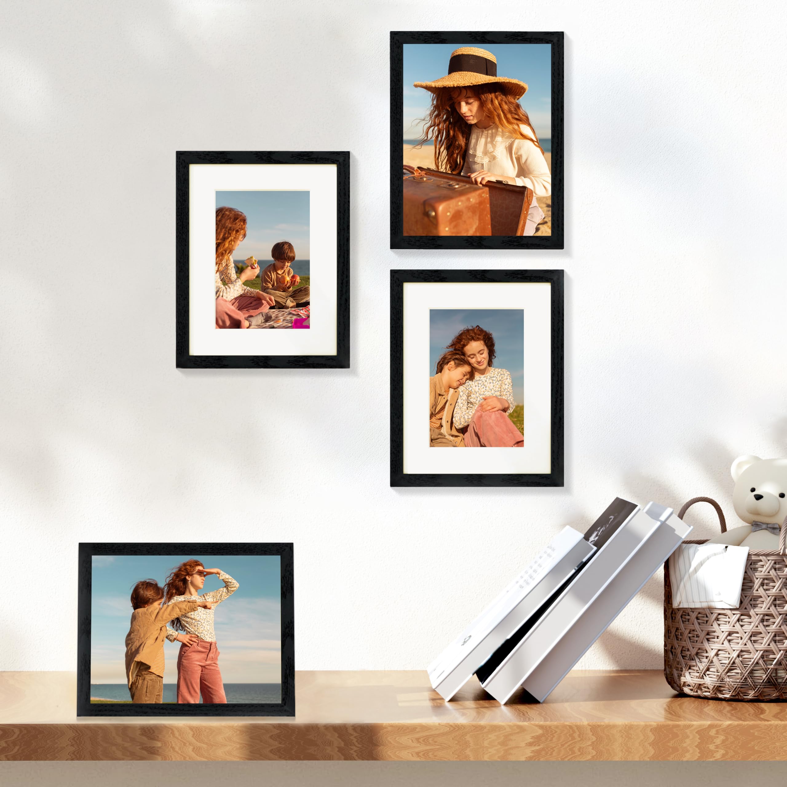 Vittanly 8x10 Picture Frame Set of 4, Display Pictures 5x7 with Mat or 8x10 without Mat, Engineered Wood with Shatter Resistant Plexiglass, Wall Gallery Photo Frames for Wall or Tabletop, Black
