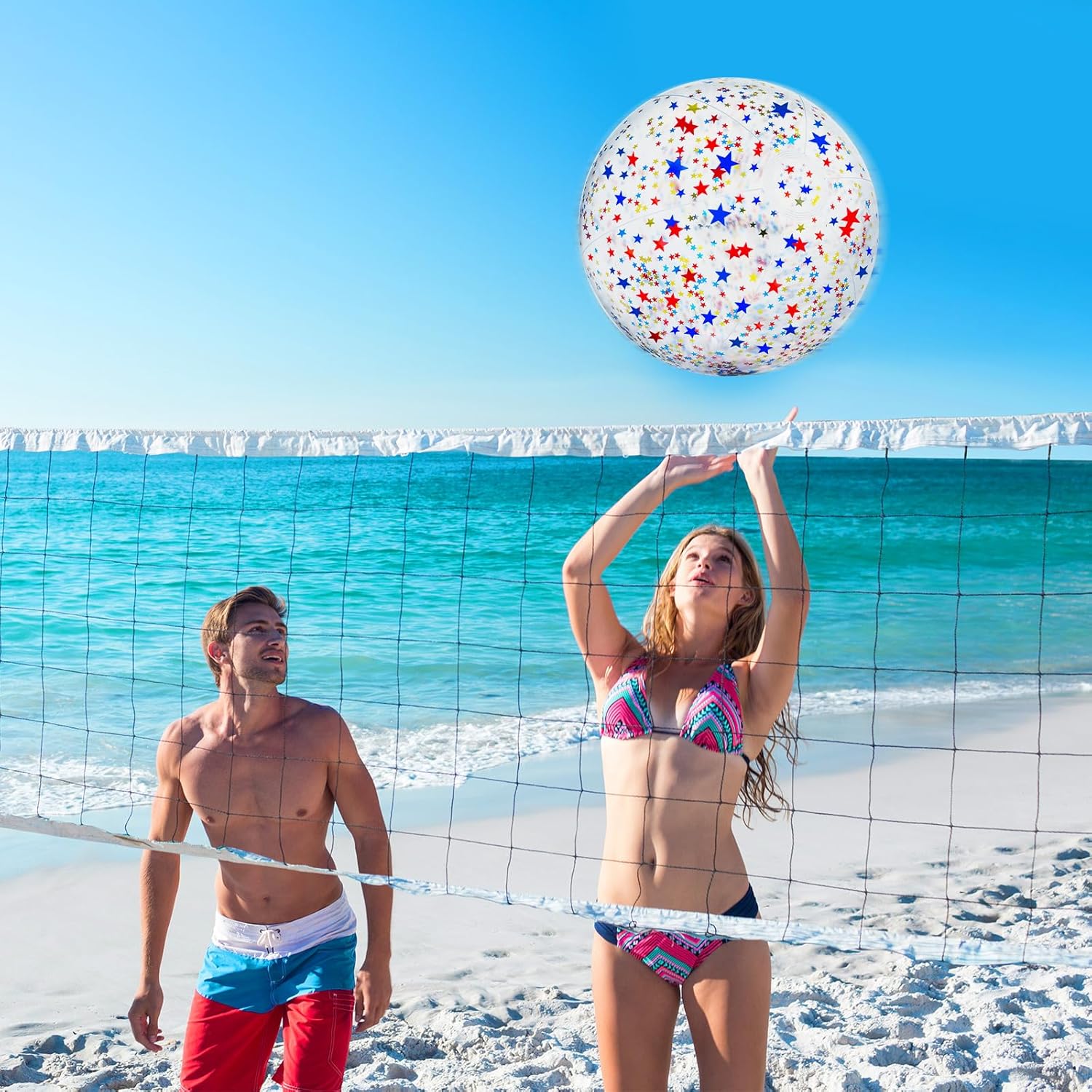QOUBAI 12Pack Patriotic Glitter Beach Balls Bulk 16 Inch Inflatable Glitter Beach Balls Red White Blue Toy Ball Large 4th of July Pool Toys Summer Outdoor Swimming Pool Games Water Game Party Favor
