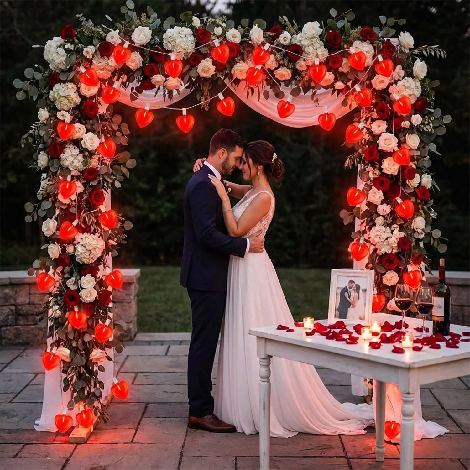 20Ft Valentine's Day String Lights Outdoor with Glitter 3D Red Heart Shaped Lights, 22 Dimmable LED Bulbs(2 Spare) Waterproof for Indoor Outdoor Wedding Anniversary Party Valentine's Day Decorations