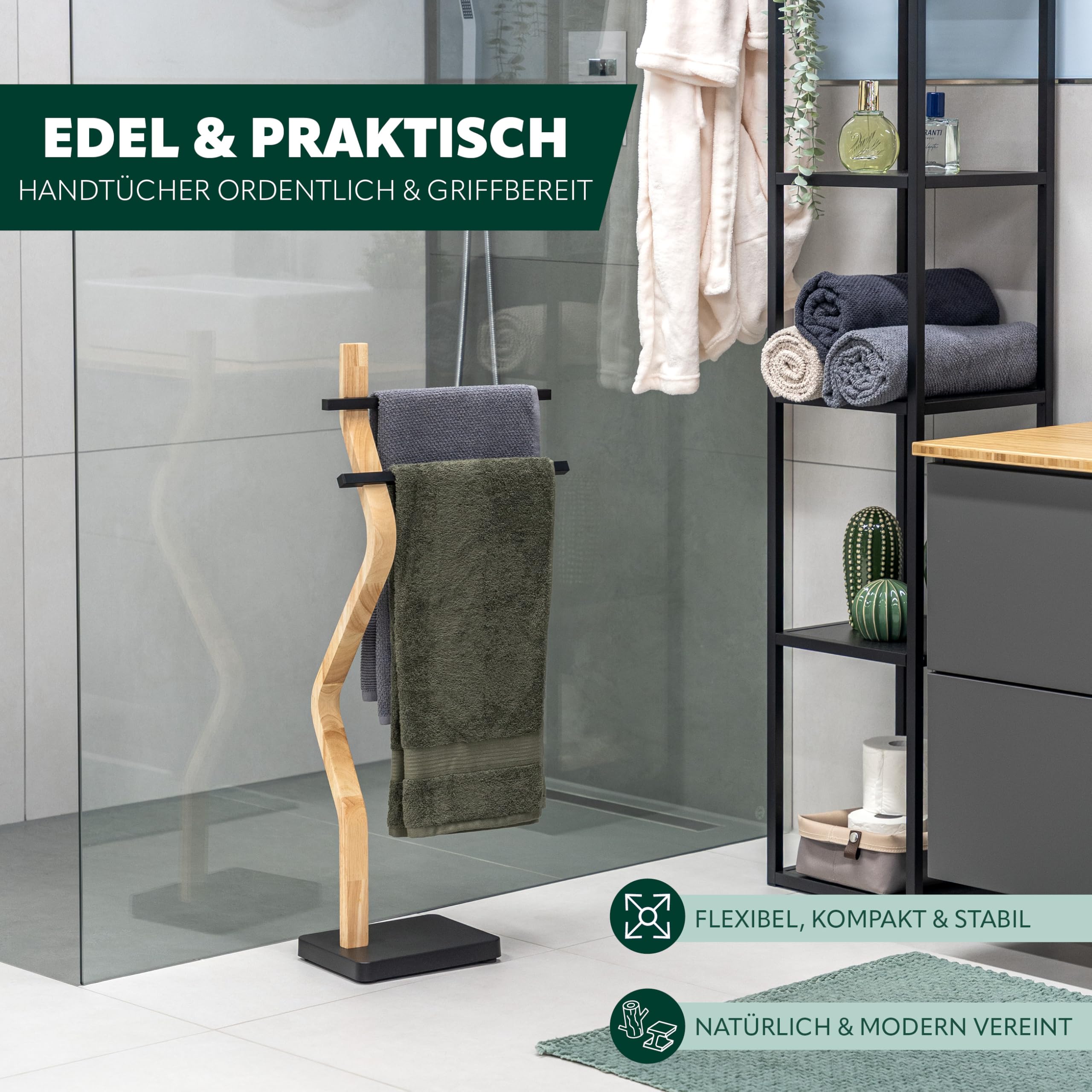 eluno Stand-Handtuchhalter freistehend, 2 Stangen für Handtücher, moderner Handtuchständer aus FSC-zertifiziertem Holz und Metall (Schwarz)