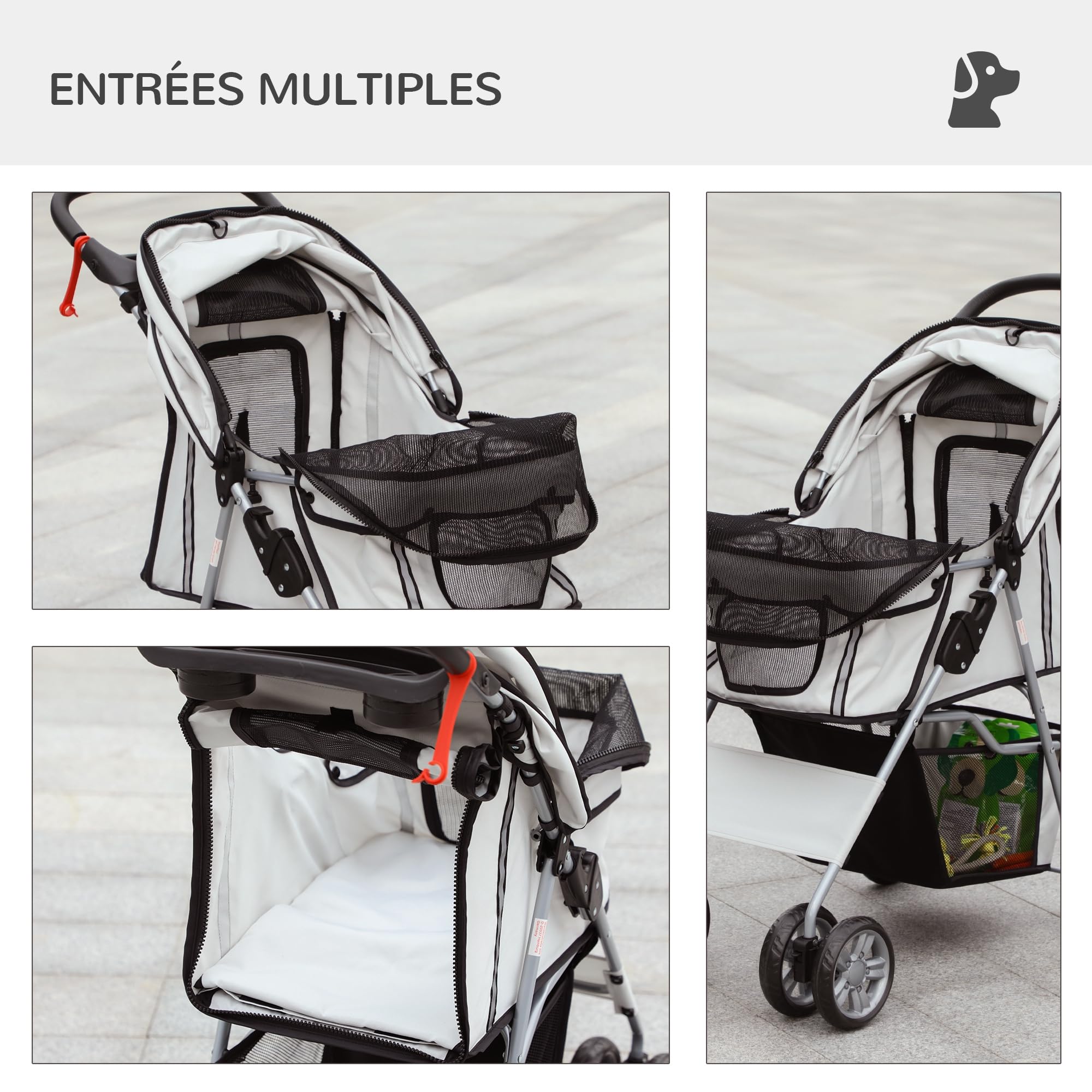 PawHut Poussette Buggy Pliable Animaux, Chariot Pliante Imperméable pour Chien et Chat, Porte-Gobelet, Panier de Rangement Inclus, Roues avec Frein, Tissu 600D Oxford, Toit Amovible Incluse, Gris