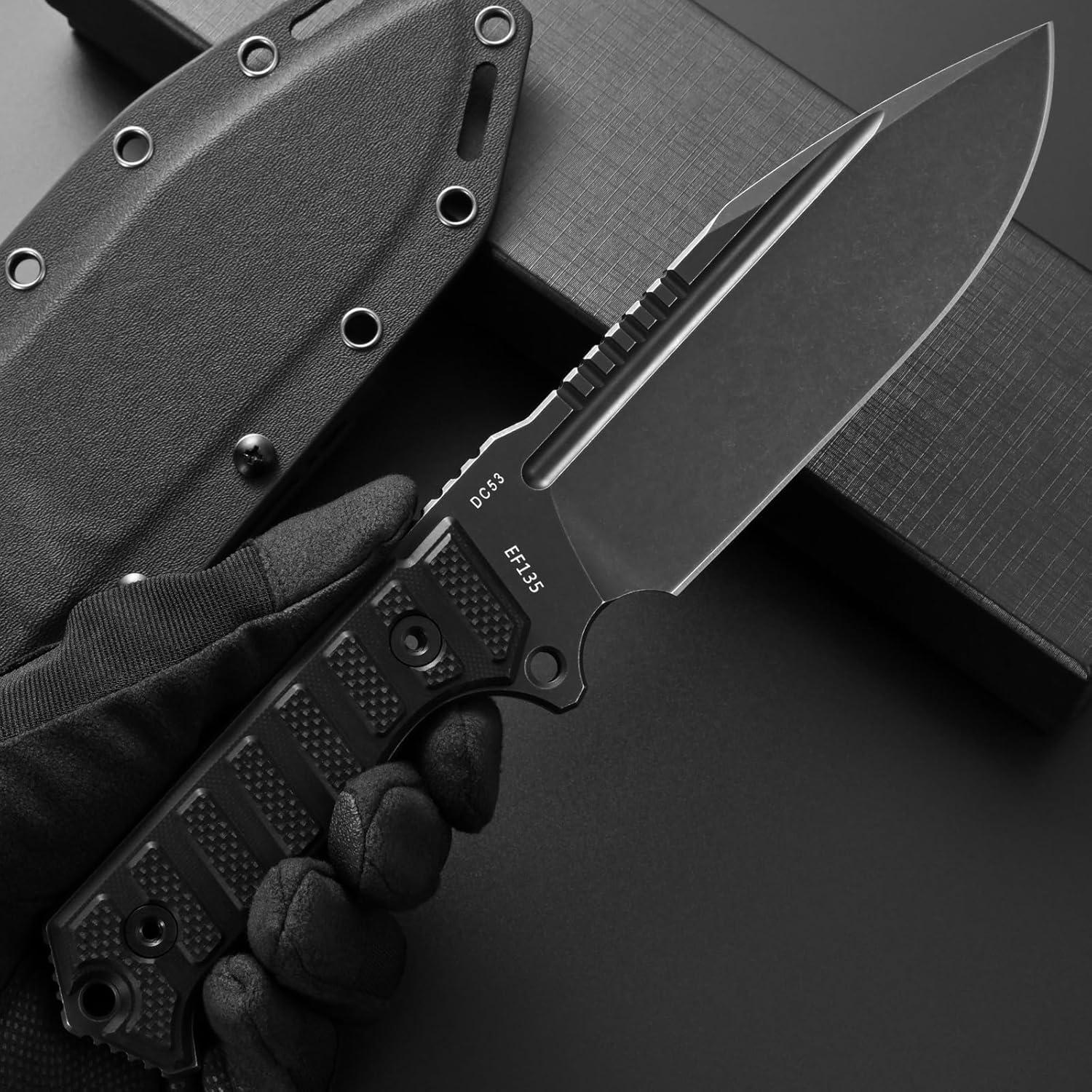 Eafengrow EF135 Fixed Blade Knife DC53 Steel Blade G10 Handle Full Tang Heavy Duty EDC Fix Knifes for Field Working Camping Survival Bushcraft(Black)