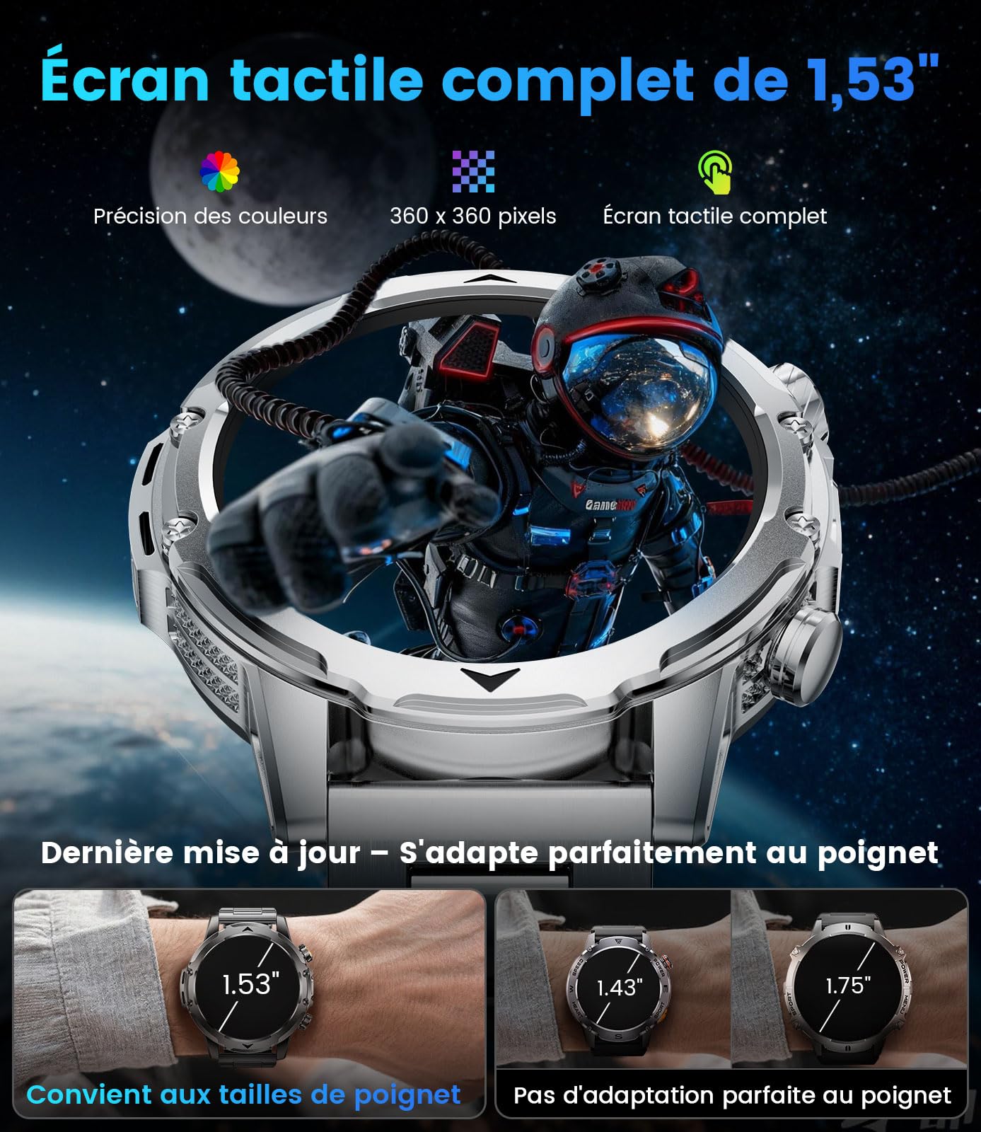 DREMAC Montre Connectée Homme avec 1,53 HD Écran/LED Lampe/1000mah Batterie,IP68 Étanche Smartwatch avec 100+ Modes Sportifs,24/7 Moniteur de Fréquence Cardiaque et Sommeil,pour Android iOS, Argent