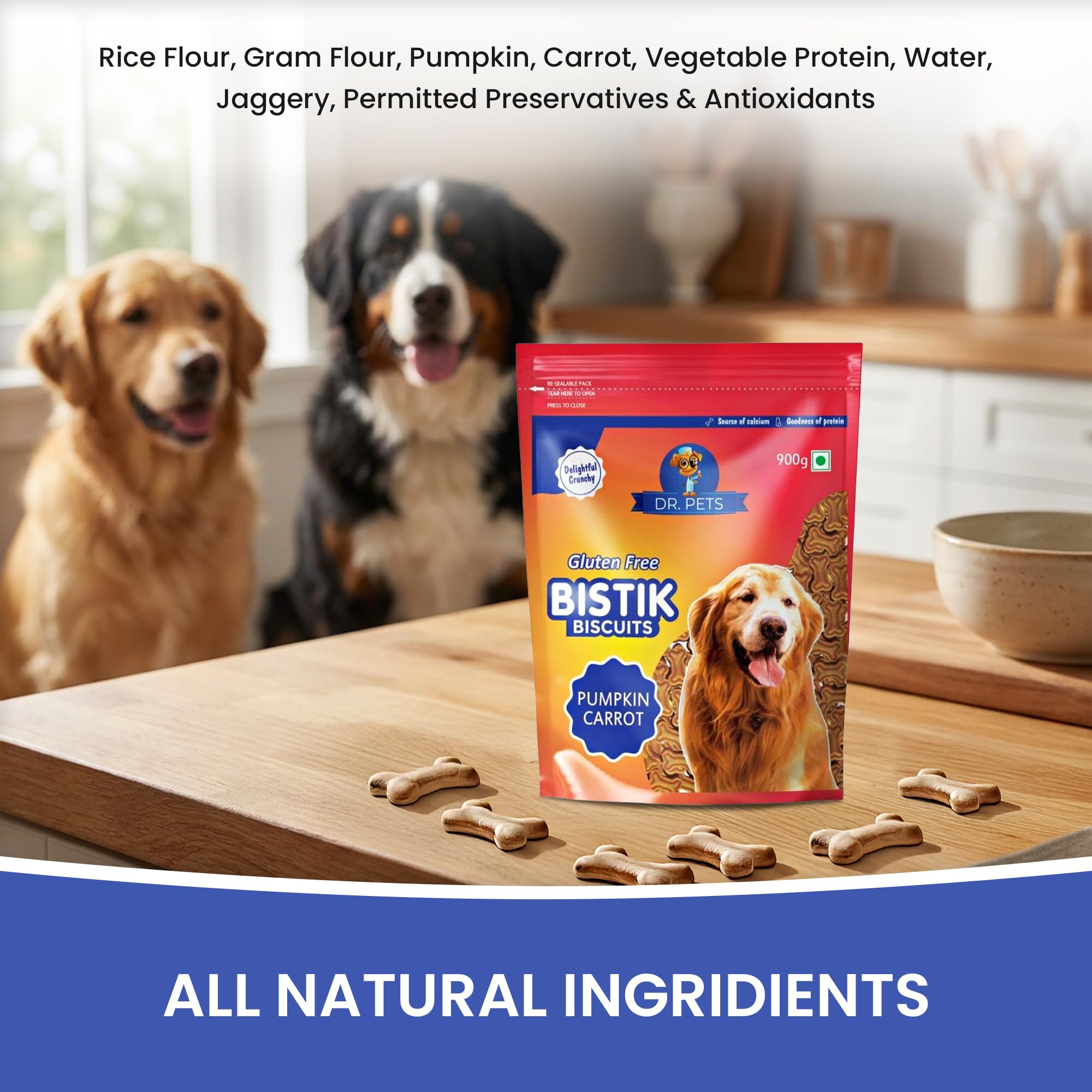 Dr.Pets Bistik Dog Food Adult - Dog Biscuits for Adult Dog & Puppy, Gluten Free Healthy Treats with Fresh & Natural Ingredients, Milk Chicken & Pumpkin Carrot Flavor 900g Each (Combo Pack) 3