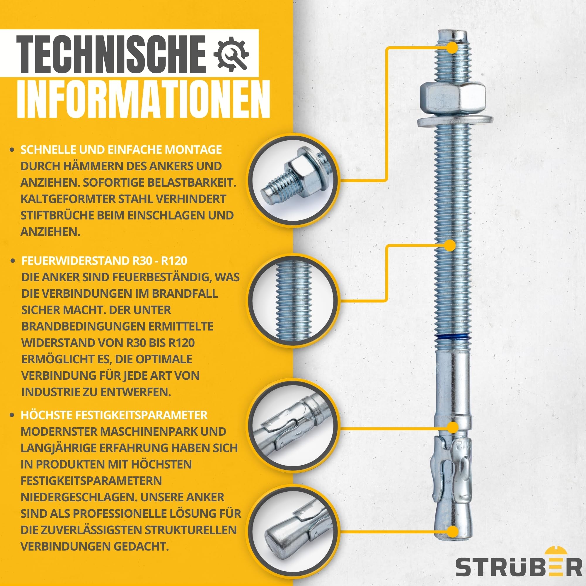 STRÜBER Ancrage galvanisé pour charges lourdes (M10 x 120 mm / 50 pièces) - Boulons d'ancrage de qualité industrielle - Chevilles d'ancrage - Ancrages en acier
