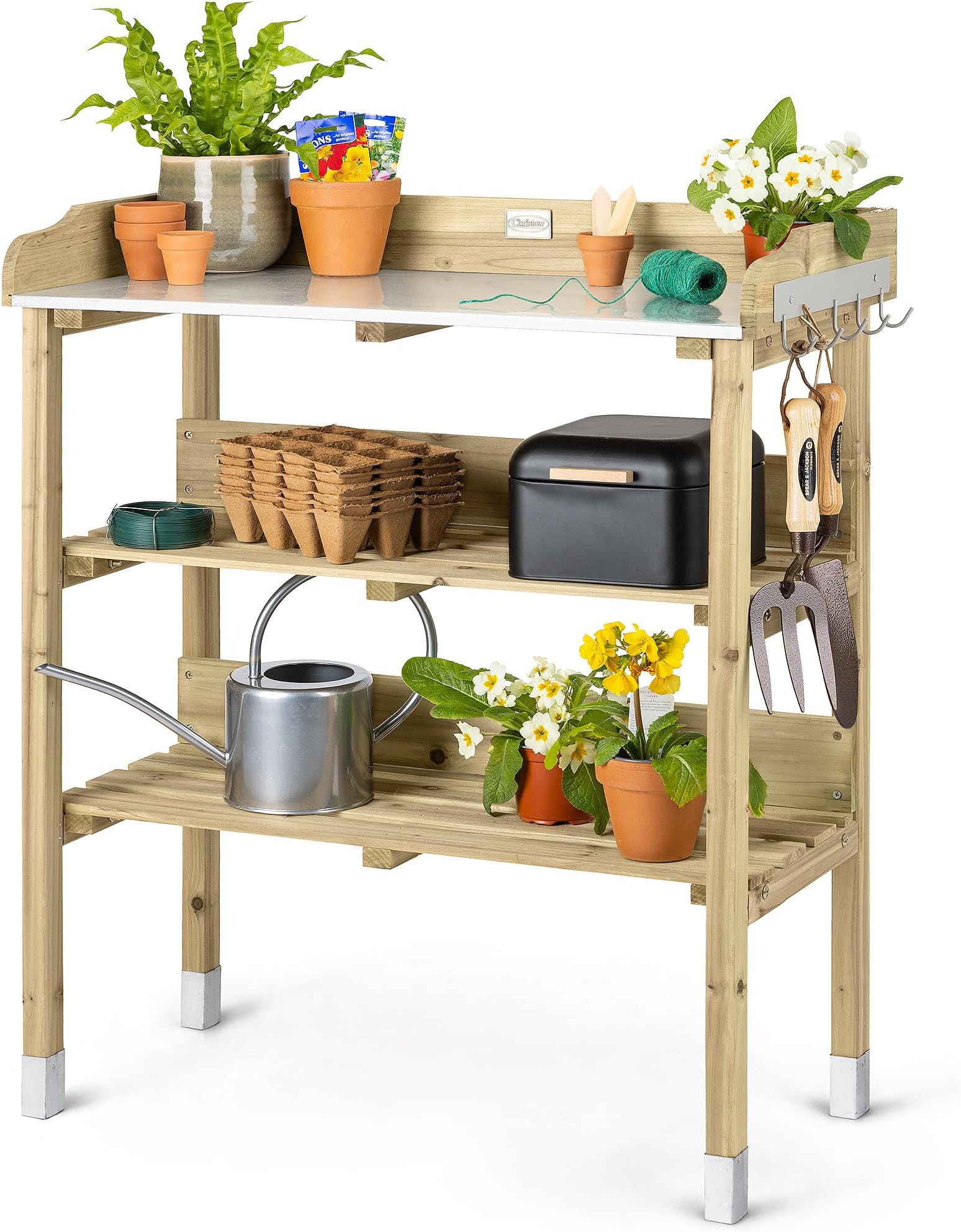 Christow Wooden Potting Table With Storage, Outdoor Garden Work Bench Station, Aluminium Worktop, 2 Shelves, 5 Galvanised Metal S-Hooks, Gardening Greenhouse Workstation, H89cm x W76.5cm x D37cmv
