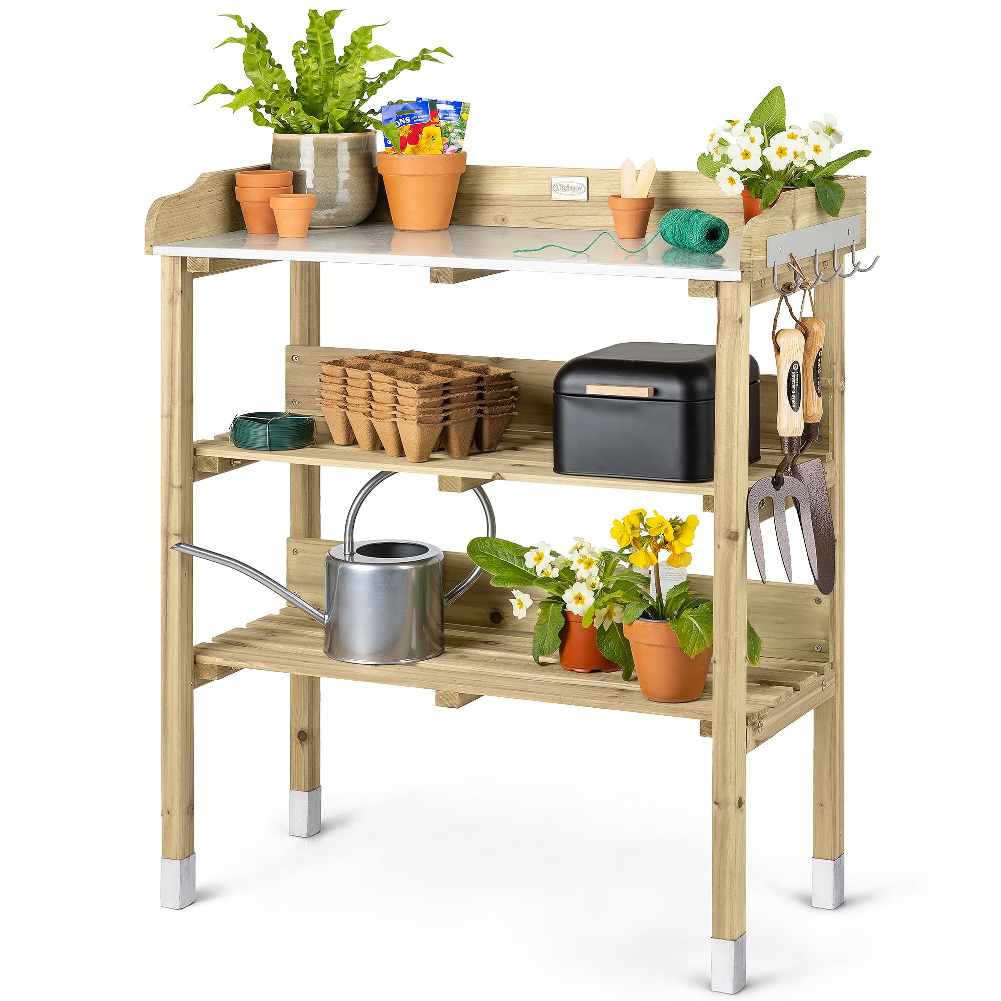 Christow Garden Potting Table Wooden Germination Work Bench With 5 Hooks, 2 Shelves (89cm x 76.5cm x 37cm)
