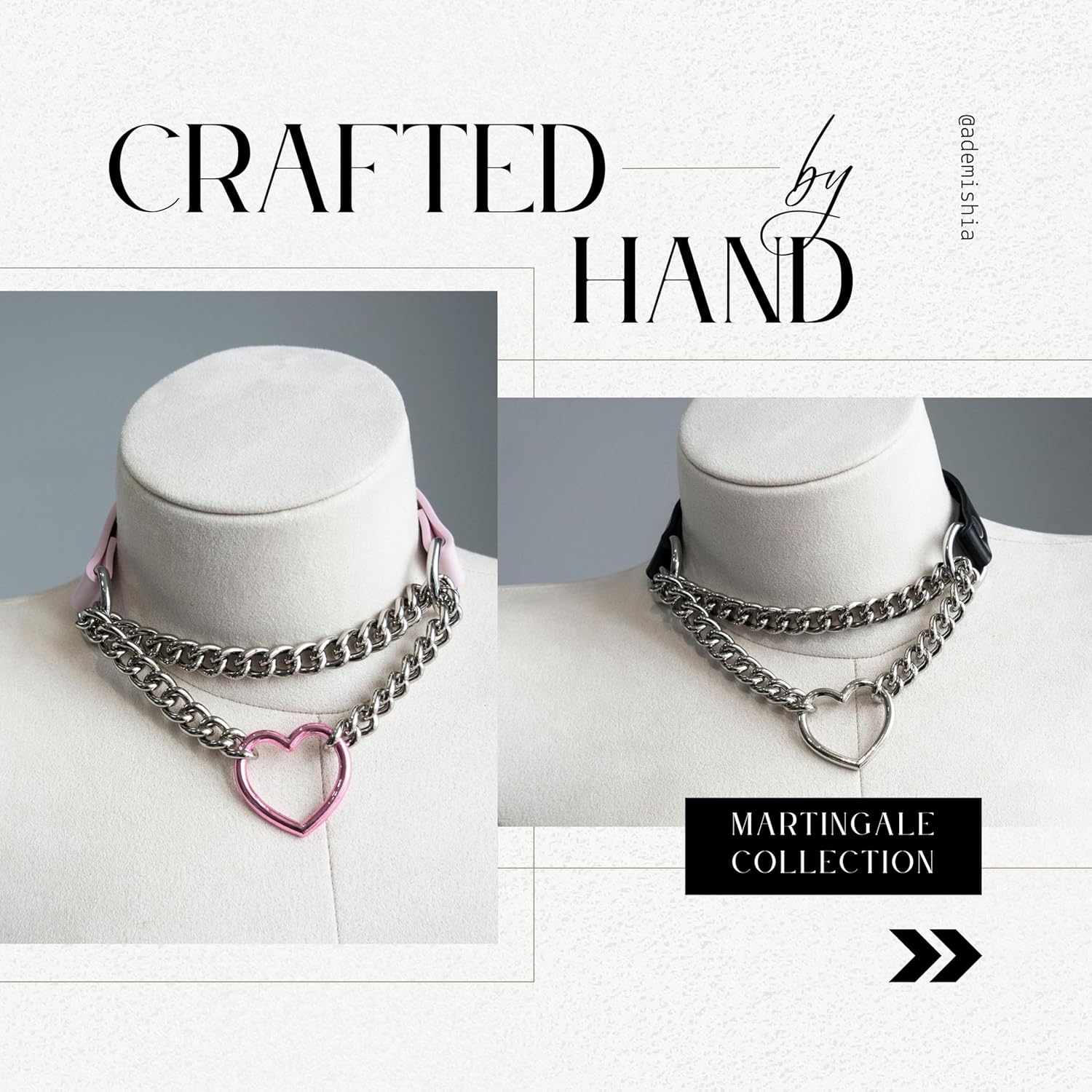 Black/Pink Leather Choker Necklace For Women, Handmade Adjustable Chain Collar with Metallic Heart Ring - Image 7