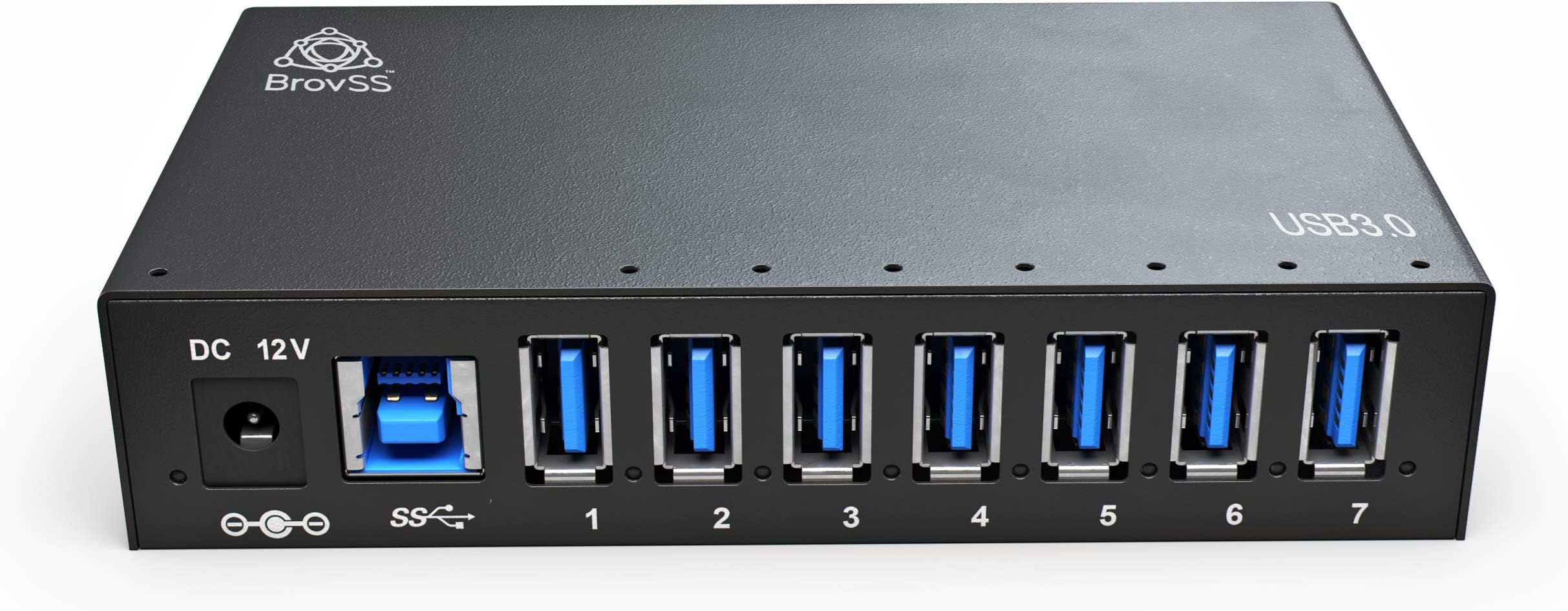 BrovSS™ - 7 Port USB 3 Splitter - USB 3.0 Hub - USB Hub Charger - USB 3 Hub Powered - USB Port Expander with 12V 3A 36W Power Adapter - High-Speed Data Transfer - LED Lights - Mounting Brackets